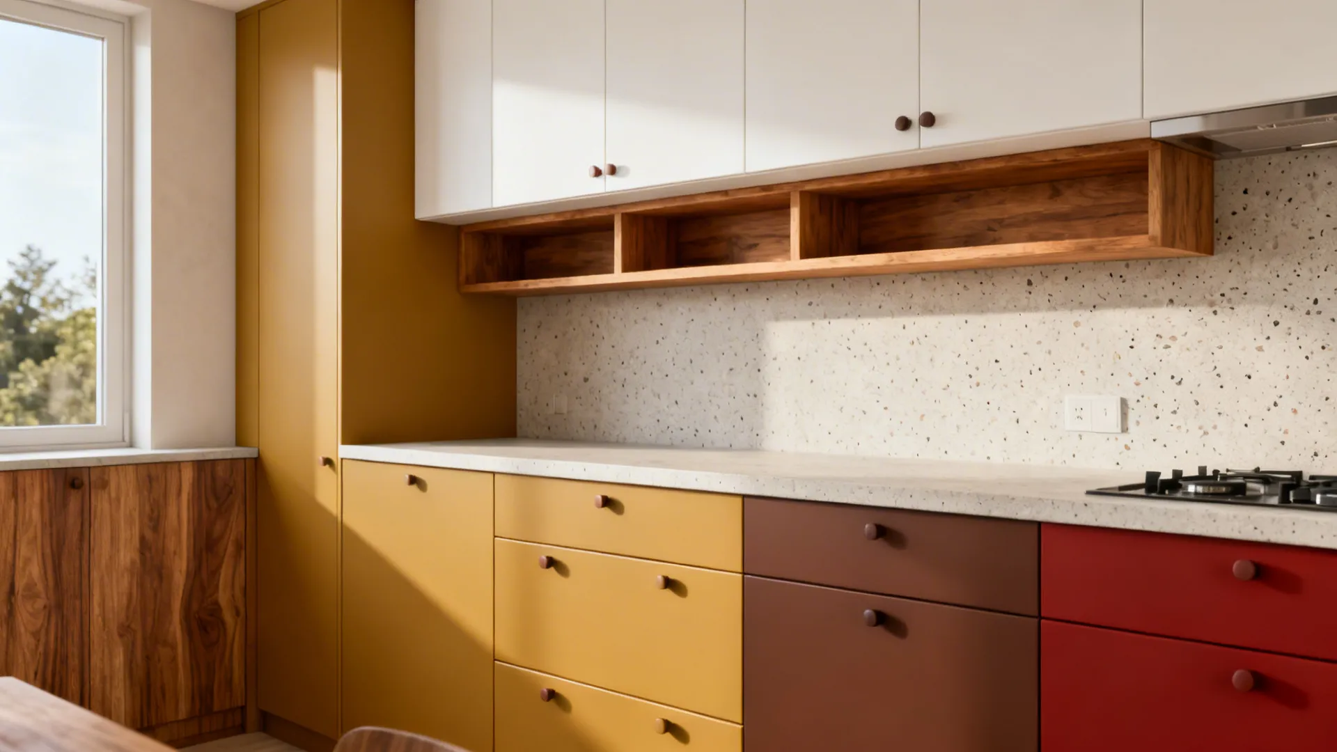 South-facing micro-kitchen with muted mustard base cabinets and natural oak shelves.