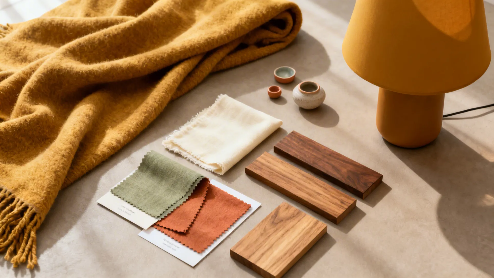 Flatlay of muted mustard throw, ochre lamp and material swatches for sage palette