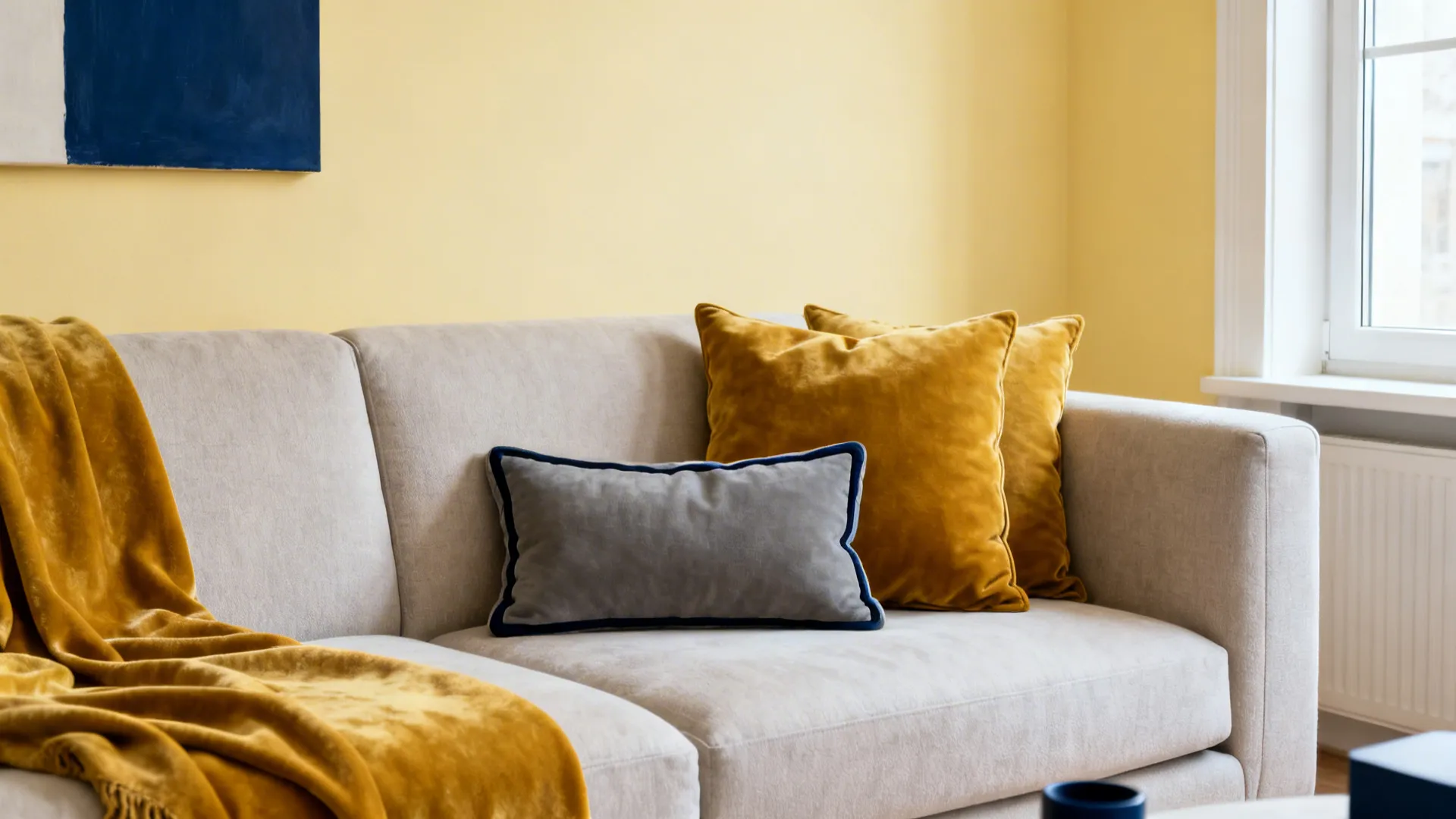 Pale yellow walls with mustard velvet pillows and a greige sofa in a compact living room.