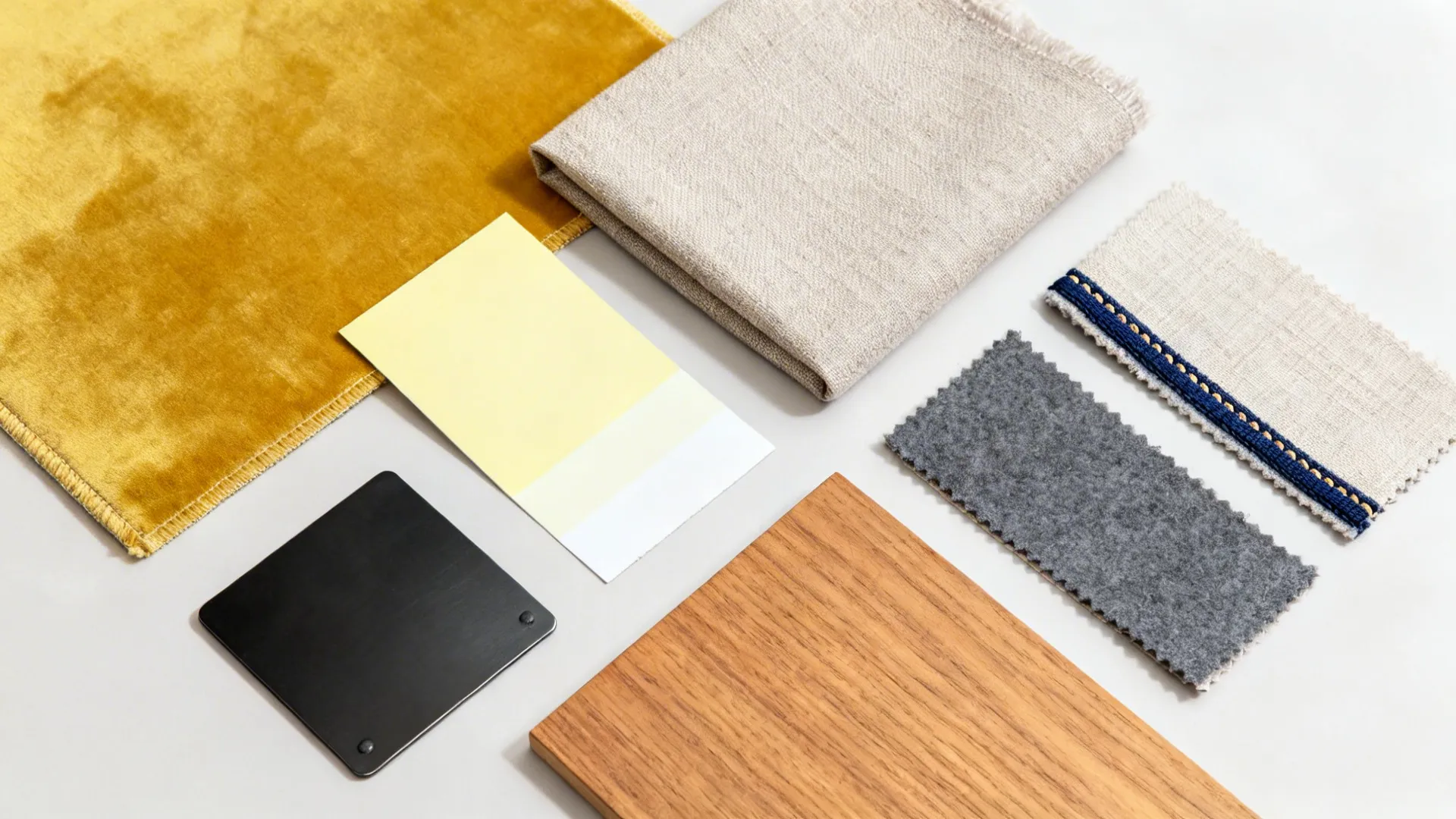 Top-down material palette with mustard velvet, pale yellow paint, greige linen, slate and navy accents, and oak.