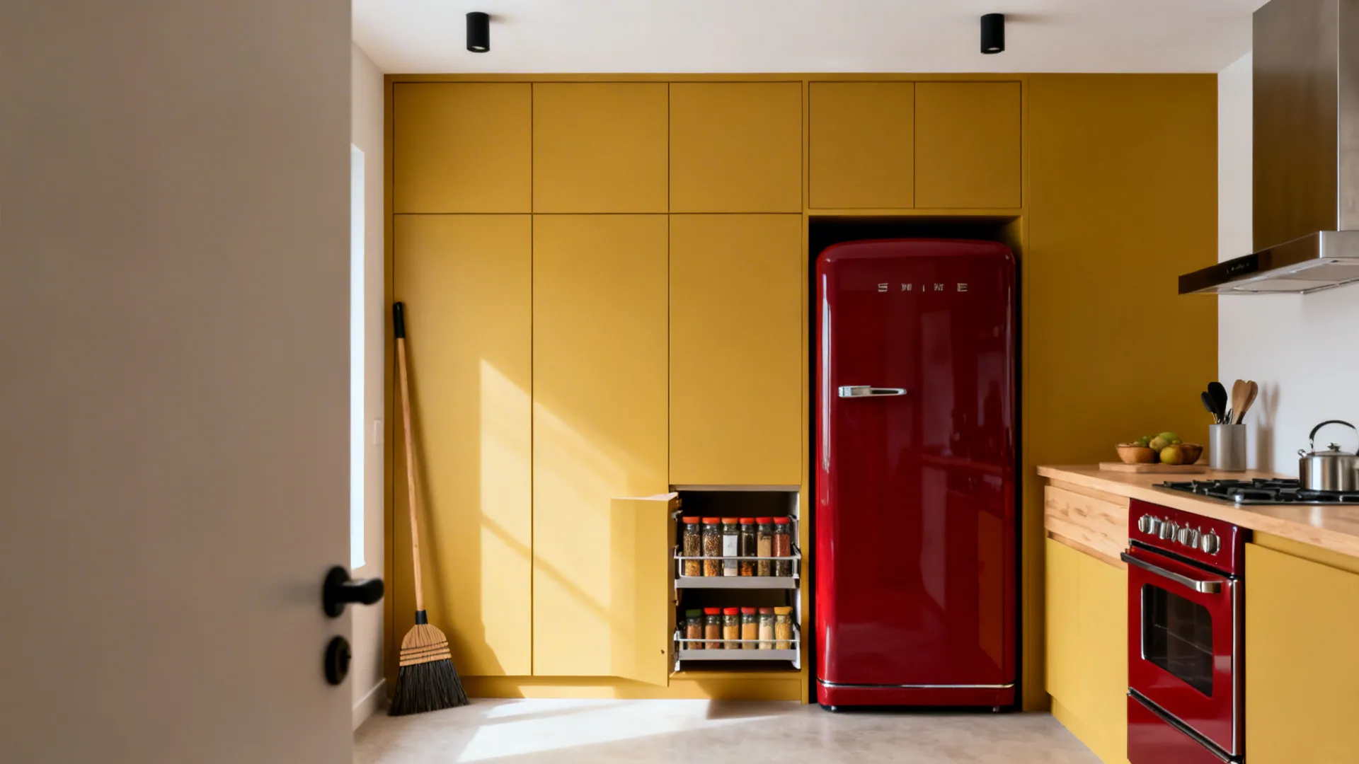 Studio kitchen nook with matte mustard pantry and a cherry-red retro refrigerator.
