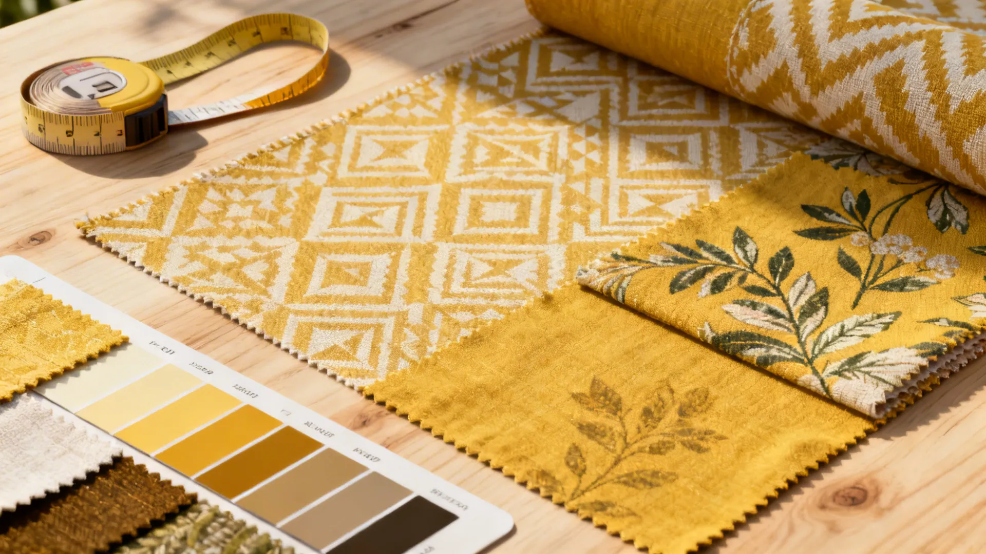 Flatlay of patterned mustard curtain fabric swatches and color chips on pale oak