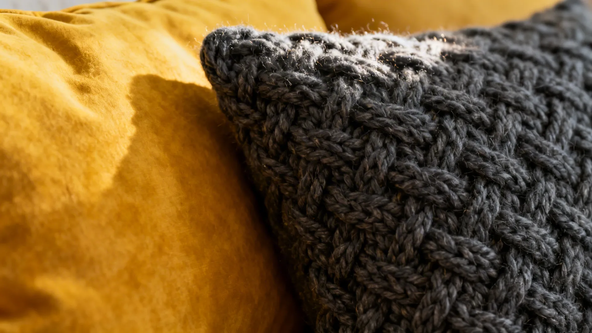 Close-up of mustard yellow throw pillow next to a chunky grey knit pillow showing fabric texture.