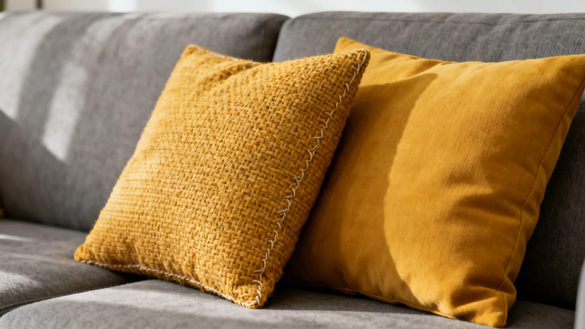 Two mustard throw pillows (one woven, one smooth) on a grey sofa showing texture contrast.