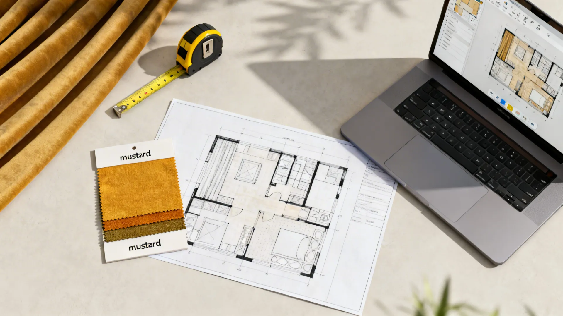 Top-down layout showing curtain measurements, fabric swatch and a room planner on laptop