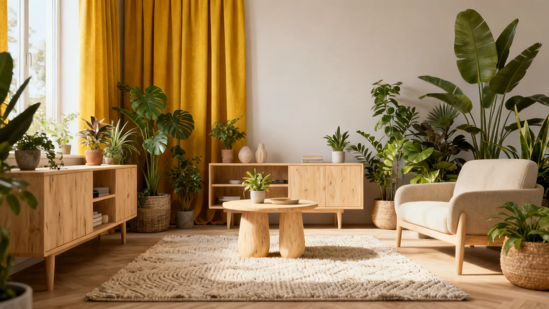 Living room with mustard curtains, light wood furniture, and many houseplants