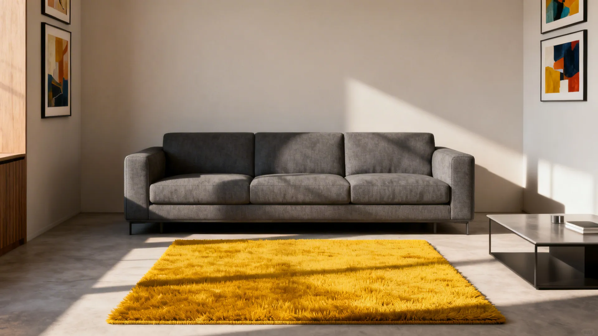 Grey sofa paired with a bold mustard rug creating a vibrant focal point in a modern living room.
