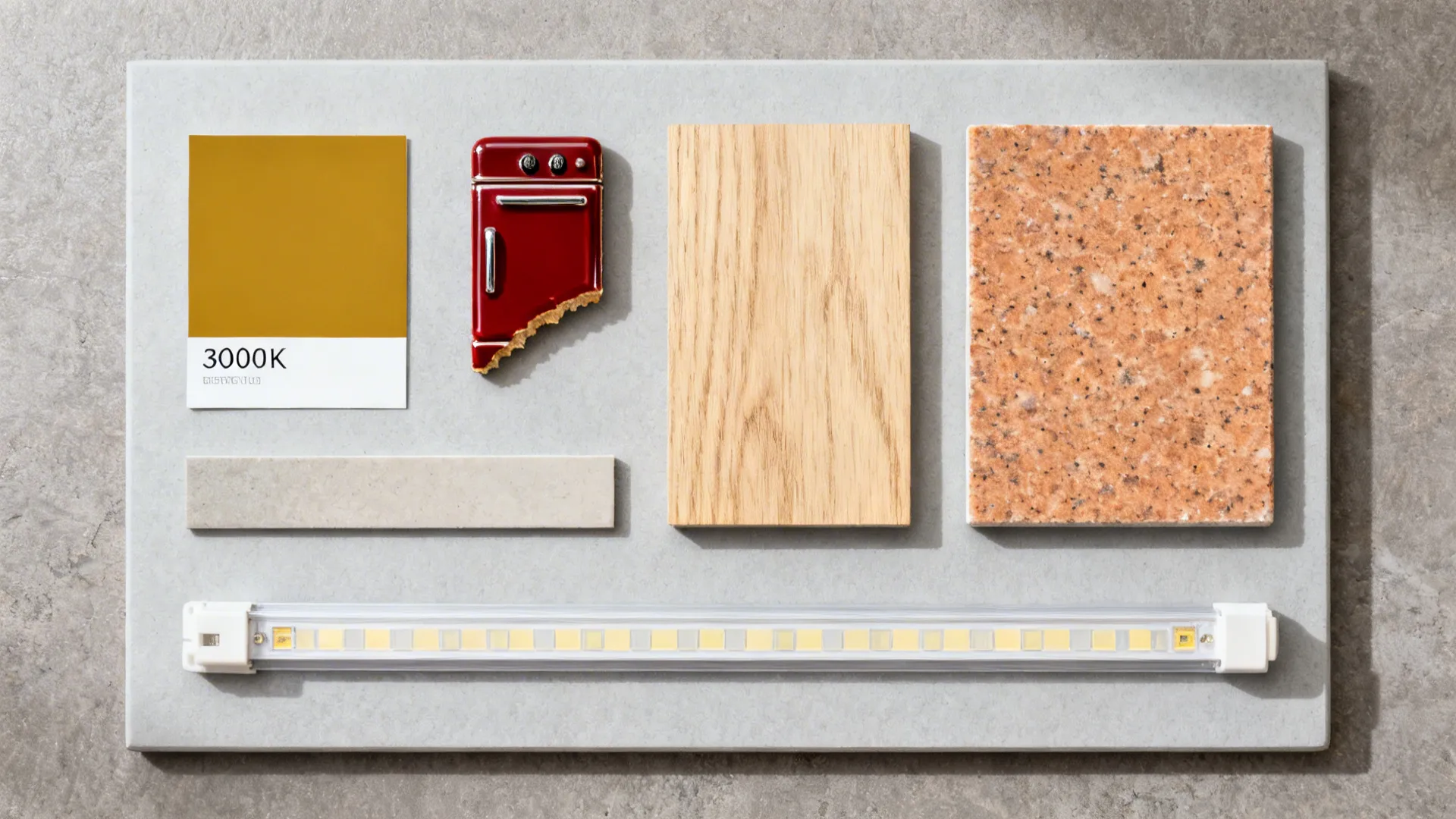 Top-down material board with mustard paint, cherry-red enamel chip, oak, quartz, and LED sample.