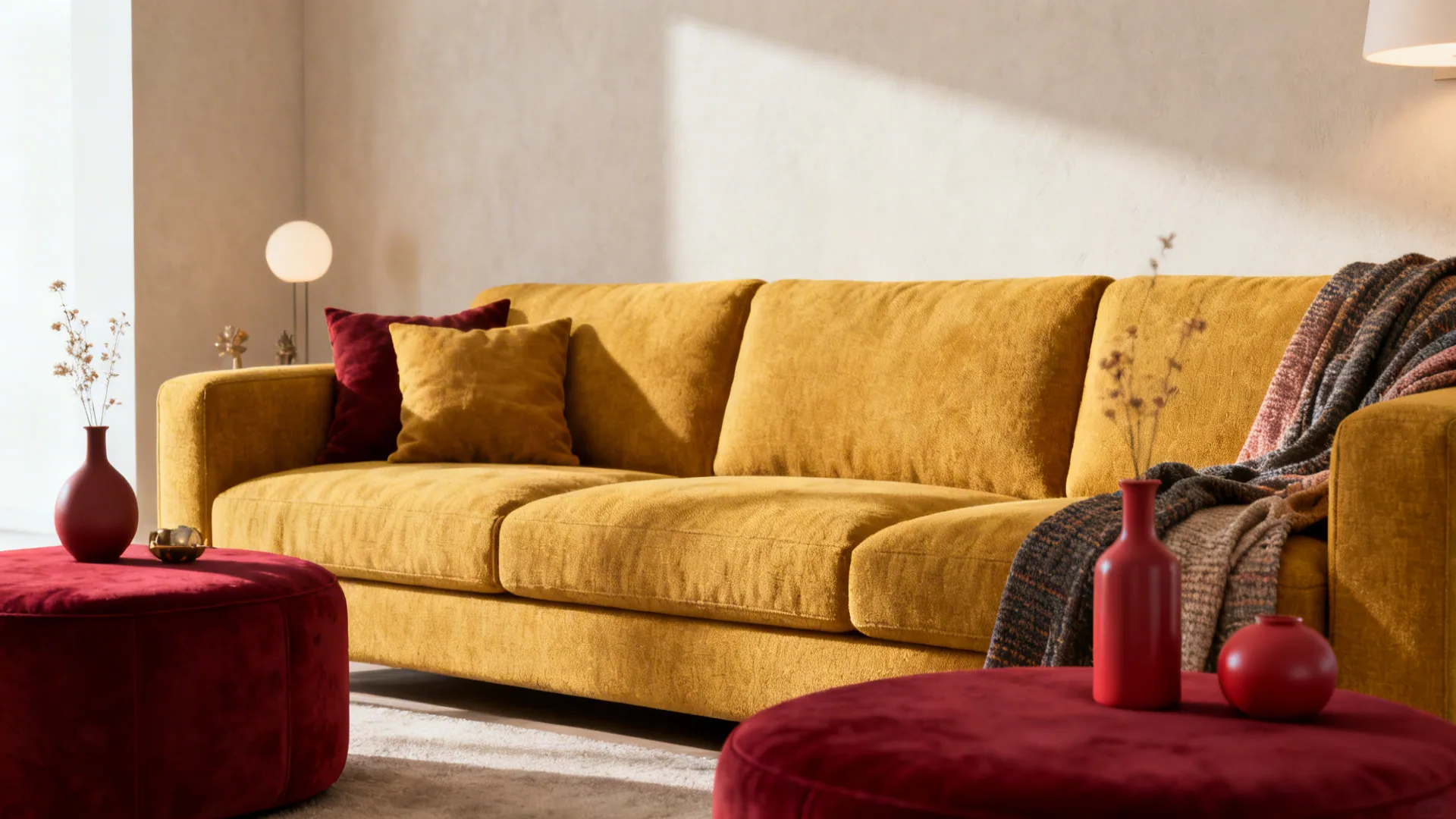 Muted mustard sofa with cherry red ottomans and accessories in a contemporary living room.