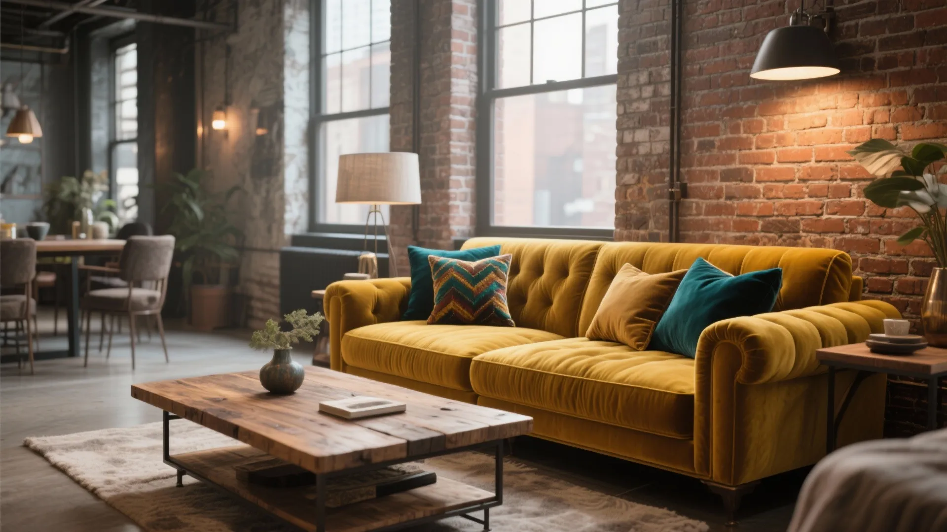 Industrial loft living room with yellow sofa wood coffee table brick walls and big windows