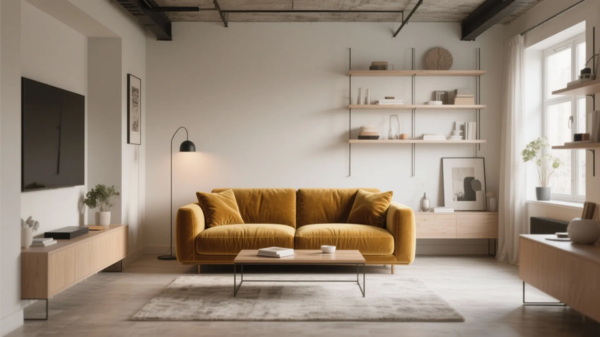 Cozy loft with mustard velvet sofa and neutral shelving