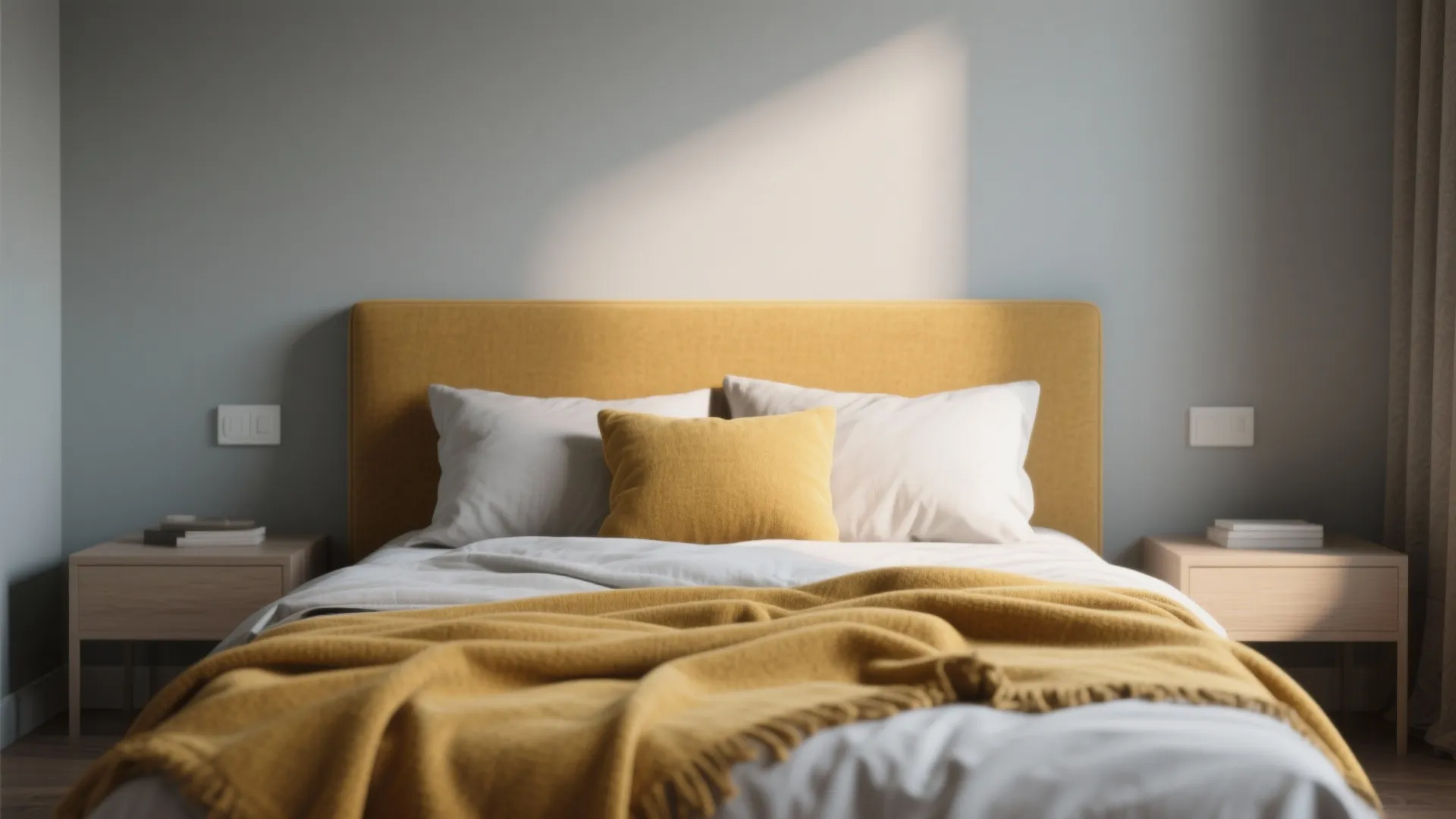Bedroom with muted mustard accents and soft grey walls, showing a mustard throw and headboard