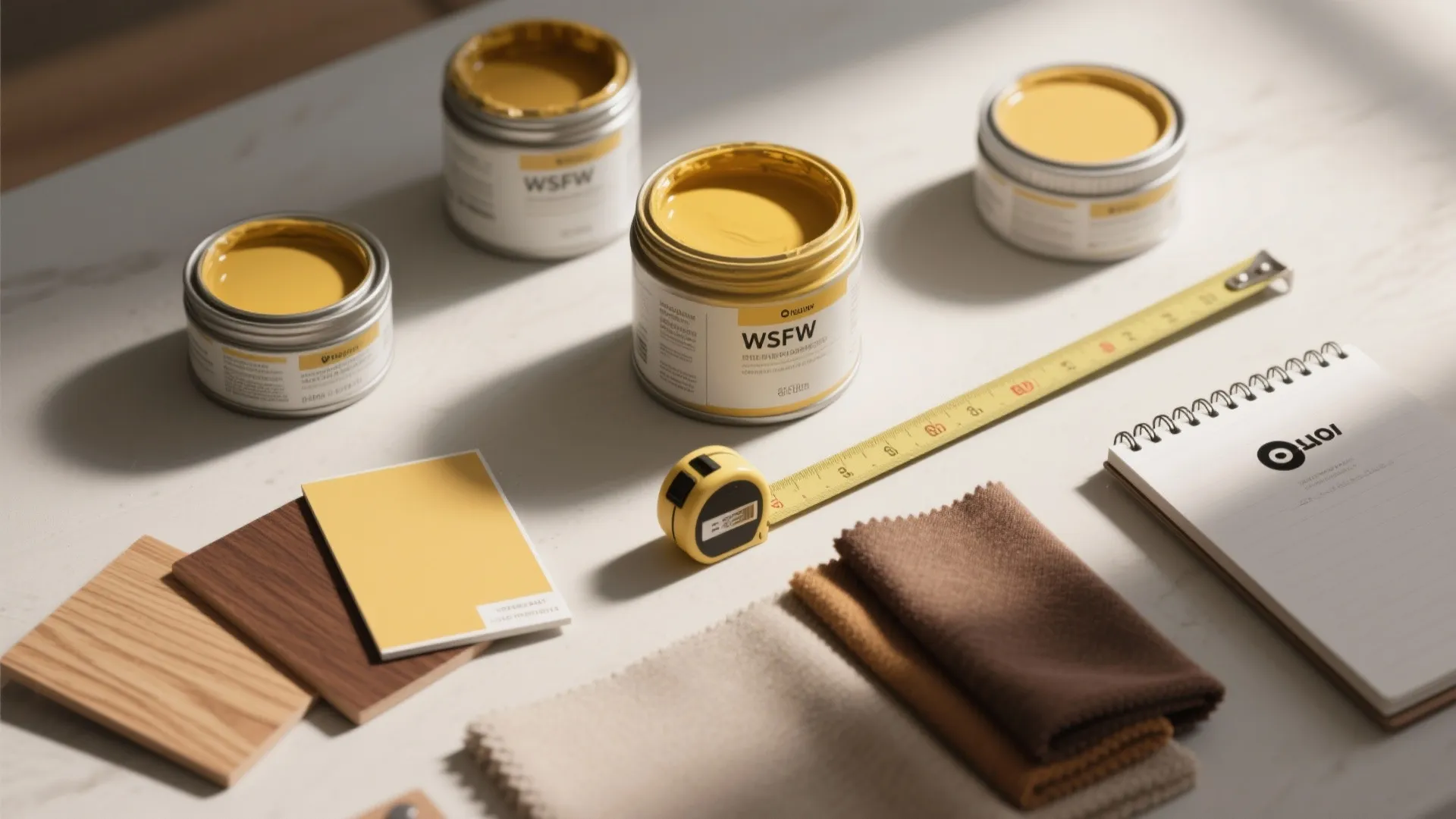 Interior design materials including yellow paint cans wood samples fabric swatches tape measure and a notebook