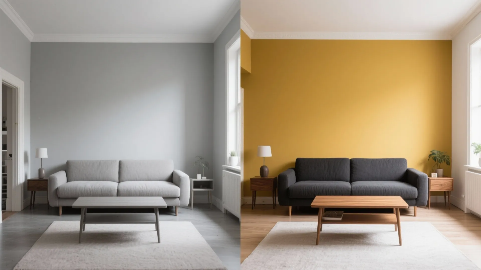 Side by side comparison of a grey living room and a vibrant yellow living room