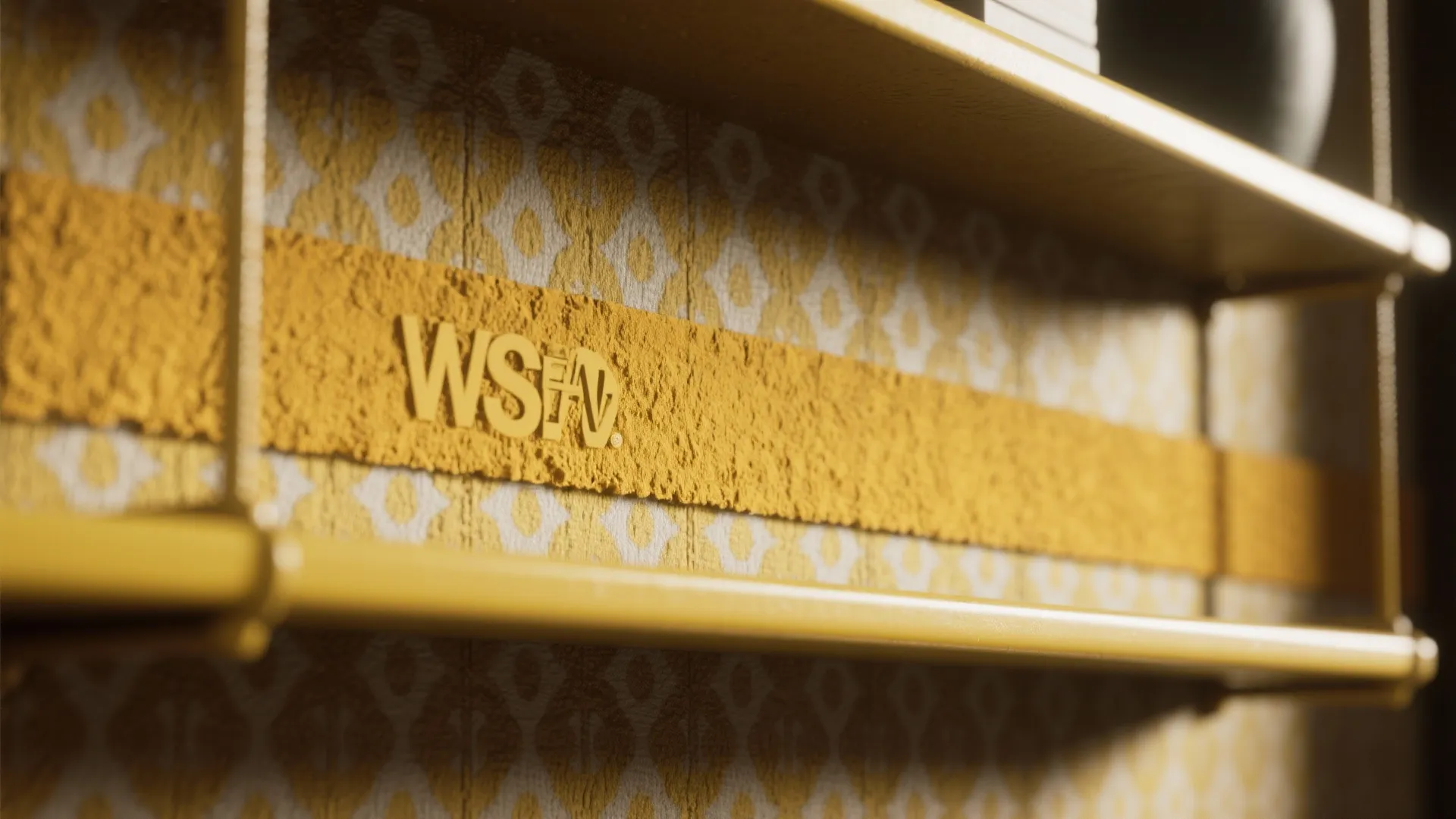Close up of yellow patterned wallpaper with horizontal stripe detail on a modern interior shelf
