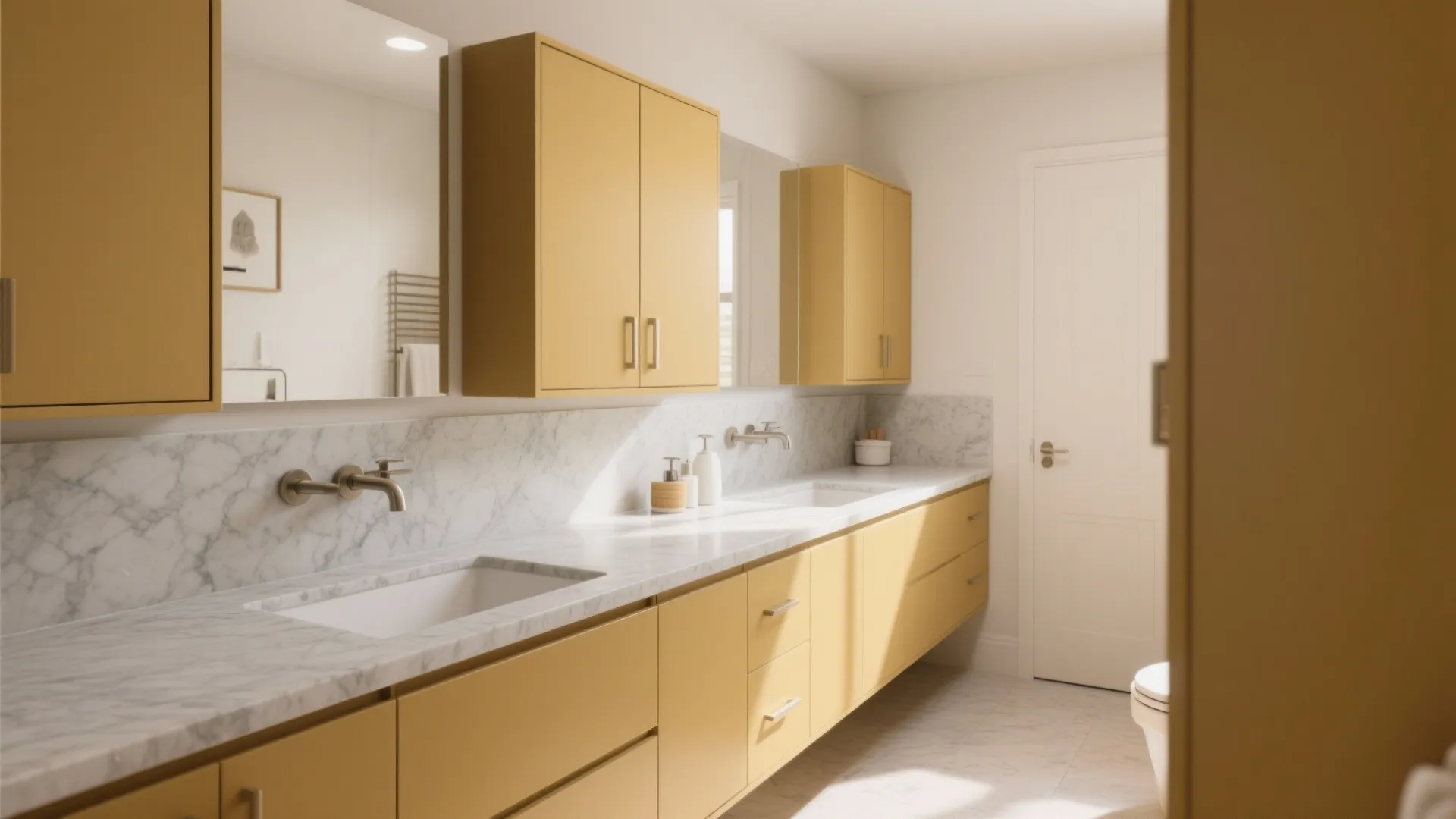 Modern bathroom with mustard yellow cabinets, marble countertop, double sinks, mirrors, and white interior door