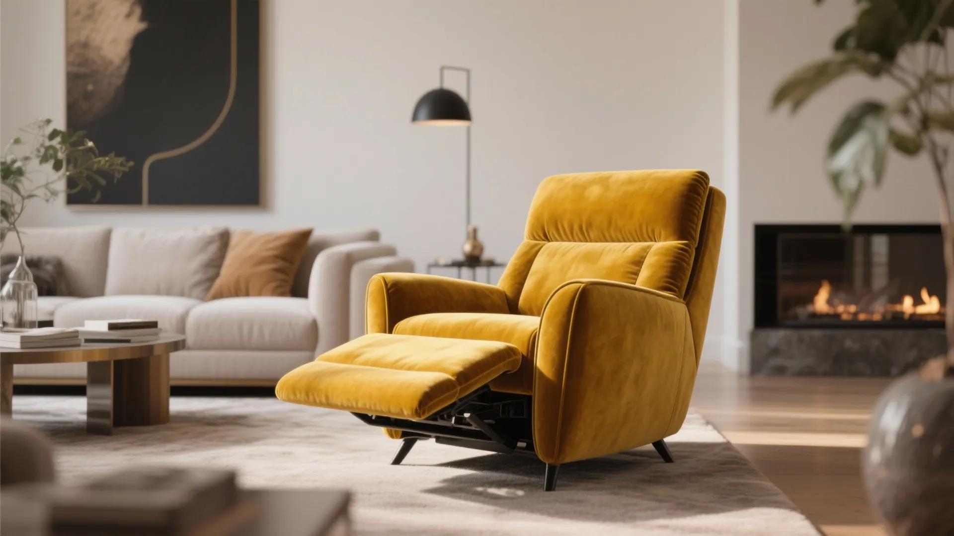 Yellow velvet recliner sofa in a modern living room with a fireplace and black lamp