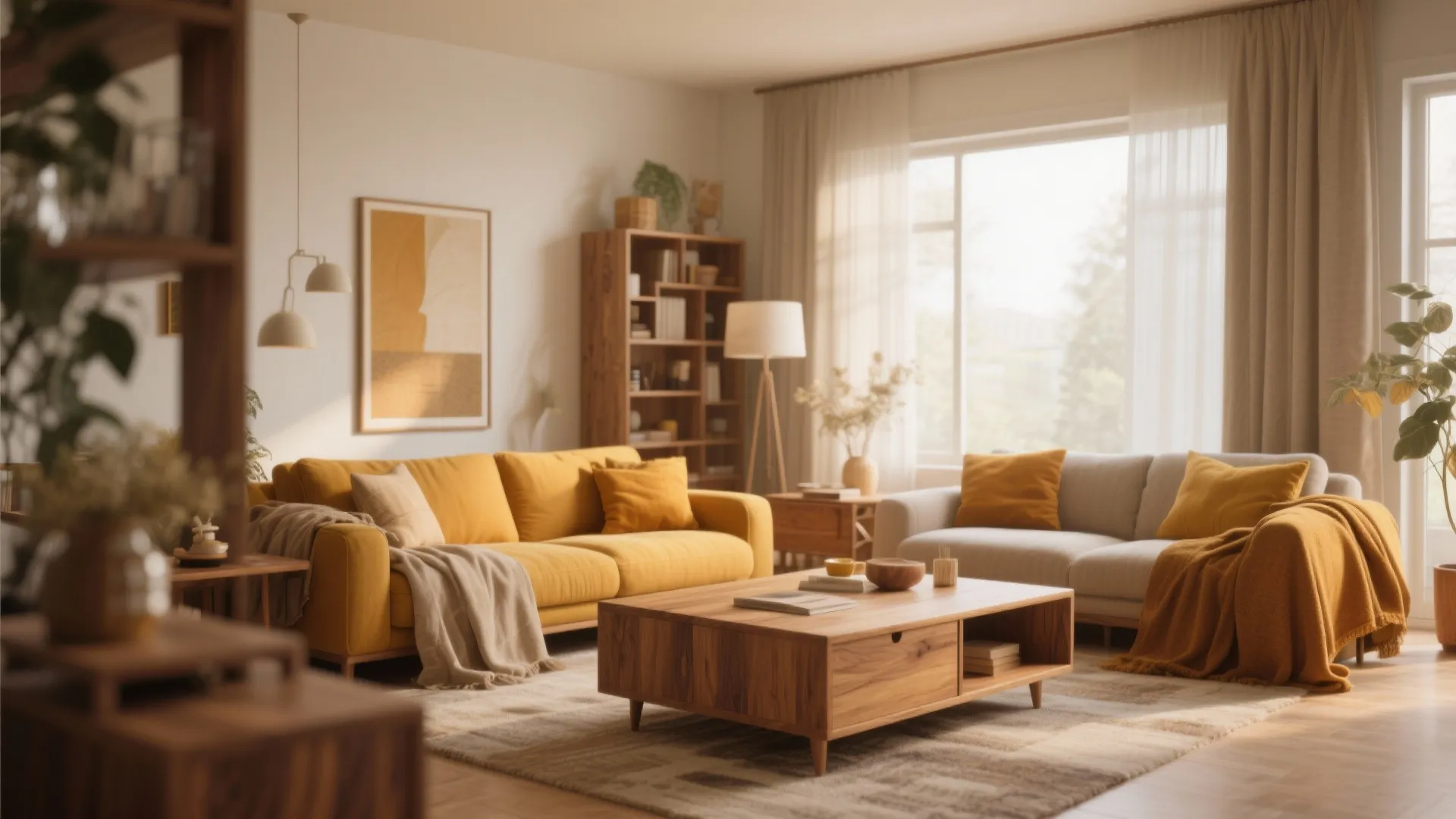 Cozy living space with mustard yellow accents, warm wood furniture and linen textiles.