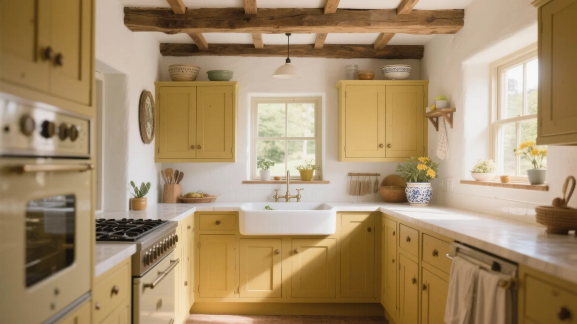 Bright kitchen with mustard yellow cabinets, white walls, farmhouse sink, wooden beams, and natural light