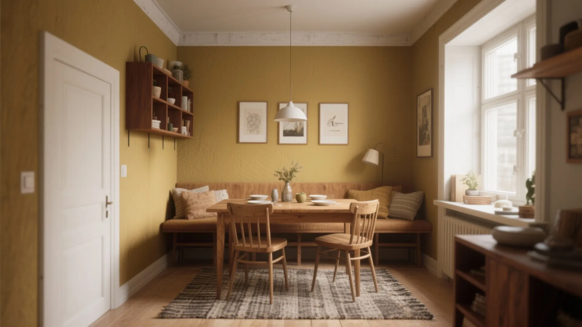 Cozy dining room with yellow walls wooden table chairs bench rug and white ceiling light