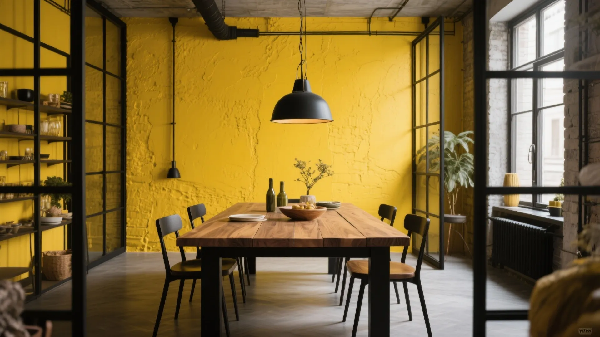 Mustard yellow feature wall in dining room with black accents