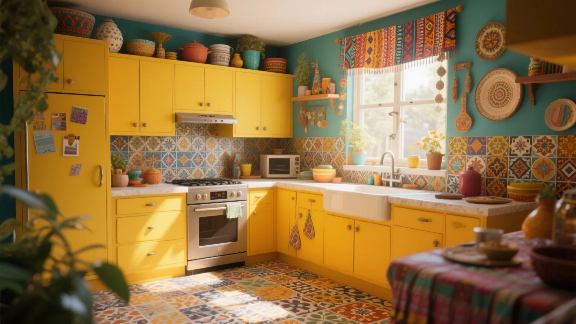 Vibrant mustard yellow kitchen with patterned floor tiles green walls and colorful bohemian style decor
