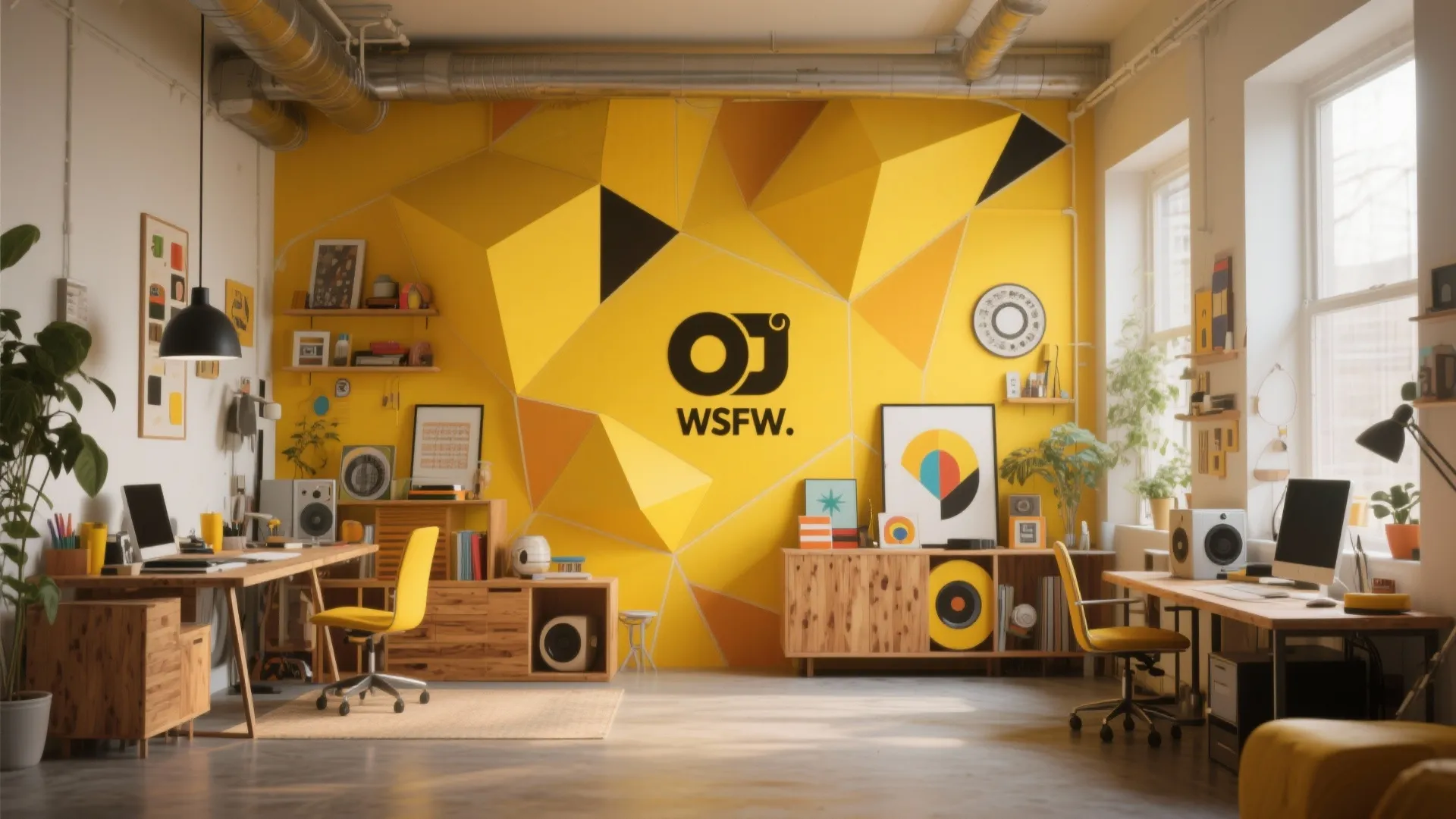Modern creative studio space featuring yellow geometric wall art with wooden desks and yellow office chairs