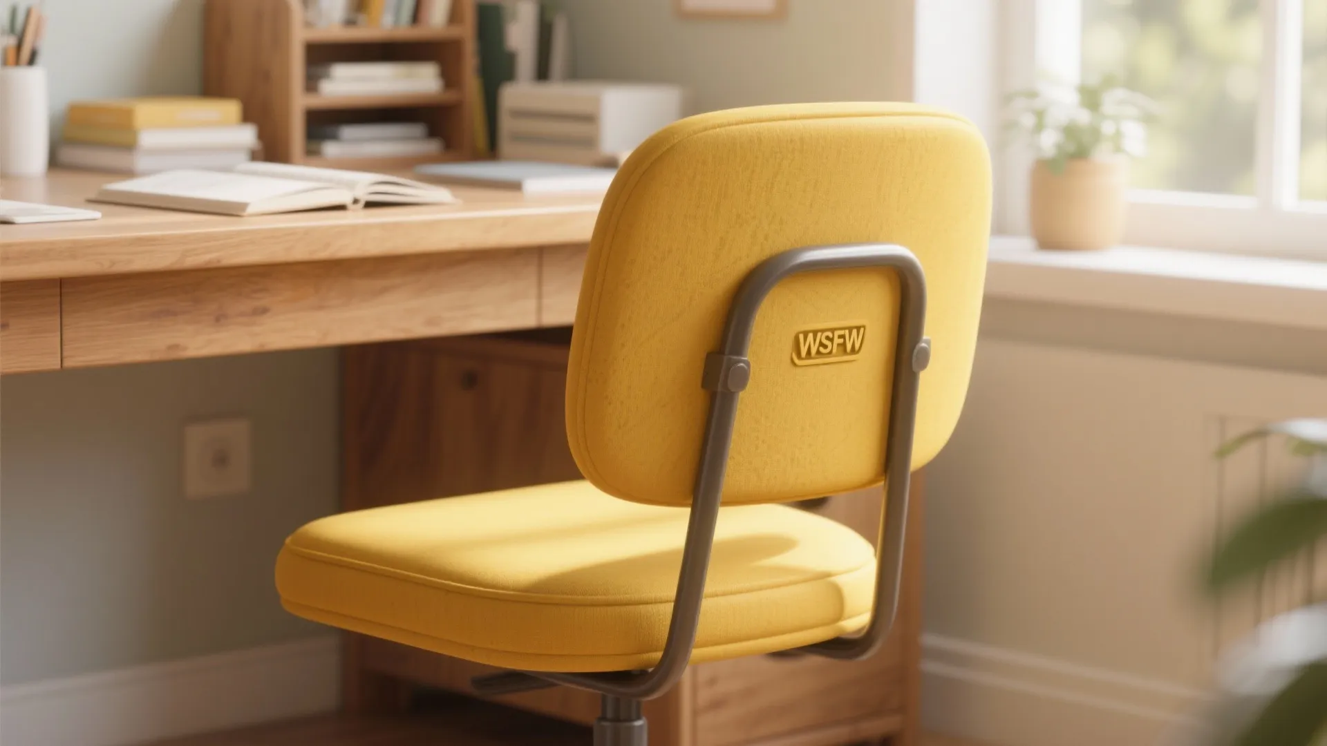 Close-up of mustard yellow chair in a study