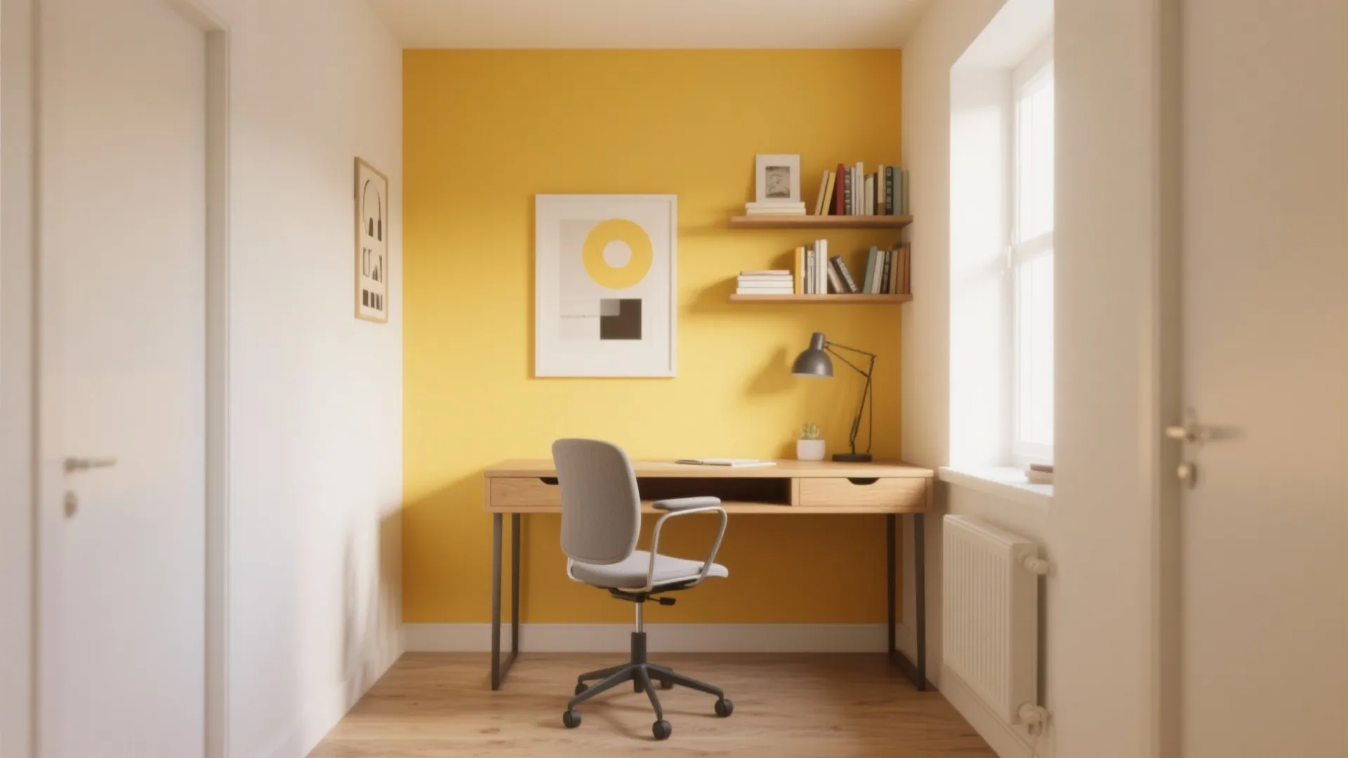 Modern study room with mustard yellow wall, wooden desk, grey chair, and hanging wall shelves