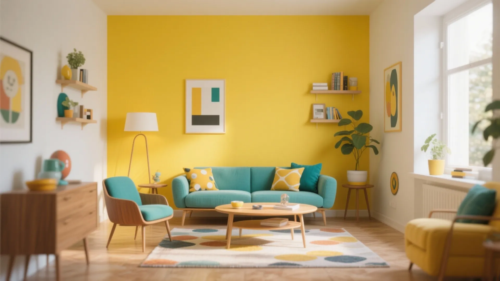 Colorful living room featuring yellow wall teal sofa wooden coffee table and round patterned floor rug
