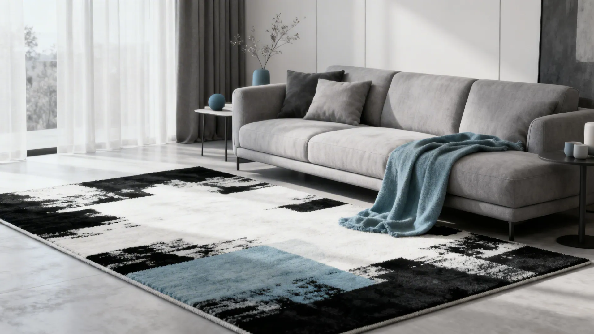Black-and-white rug with a muted dusty-blue accent shaping the pattern.