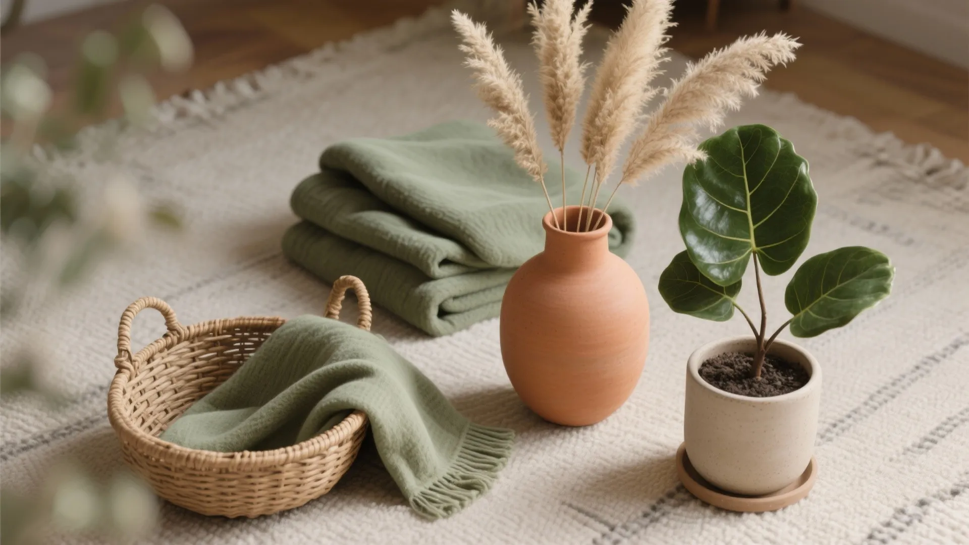 Green folded blankets and woven basket on a rug with a plant and clay vase