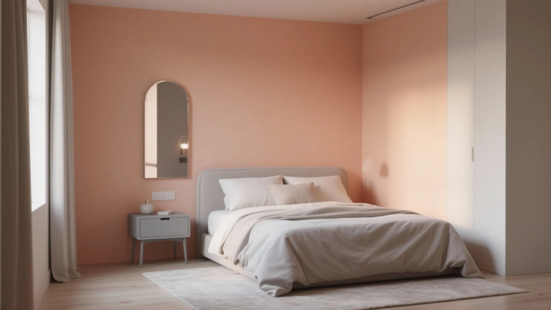 Muted peach bedroom wall with grey bed, small bedside table, arched mirror, and white wardrobe