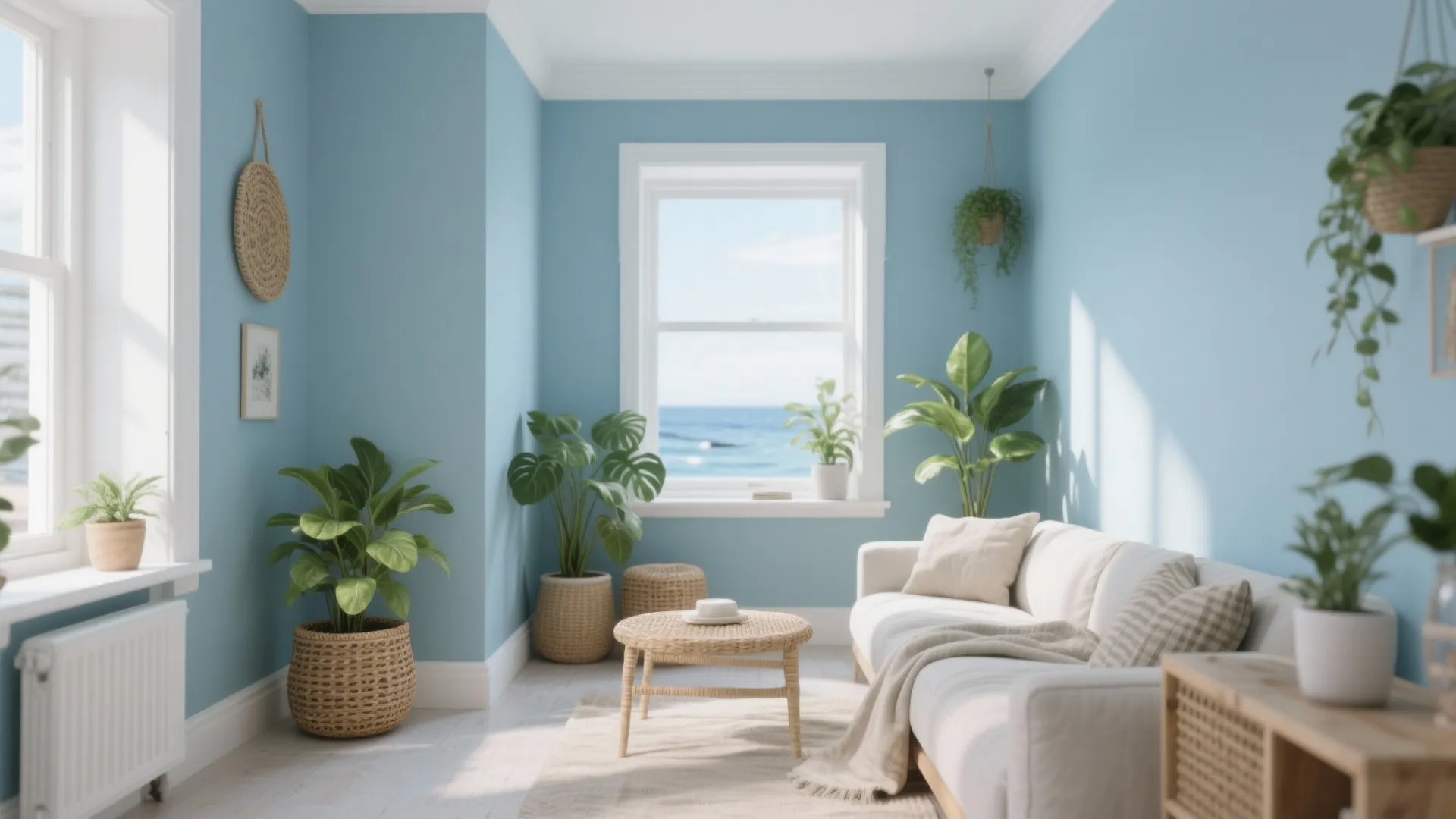 Bright blue living room with white sofa wicker coffee table green plants and ocean window view