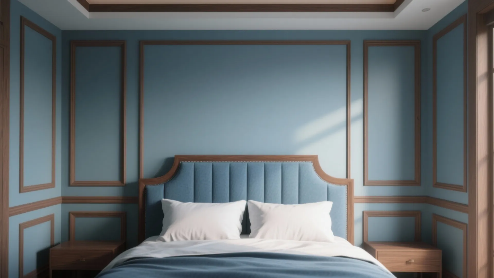 4. Accent wall or headboard in muted blue with brown trims