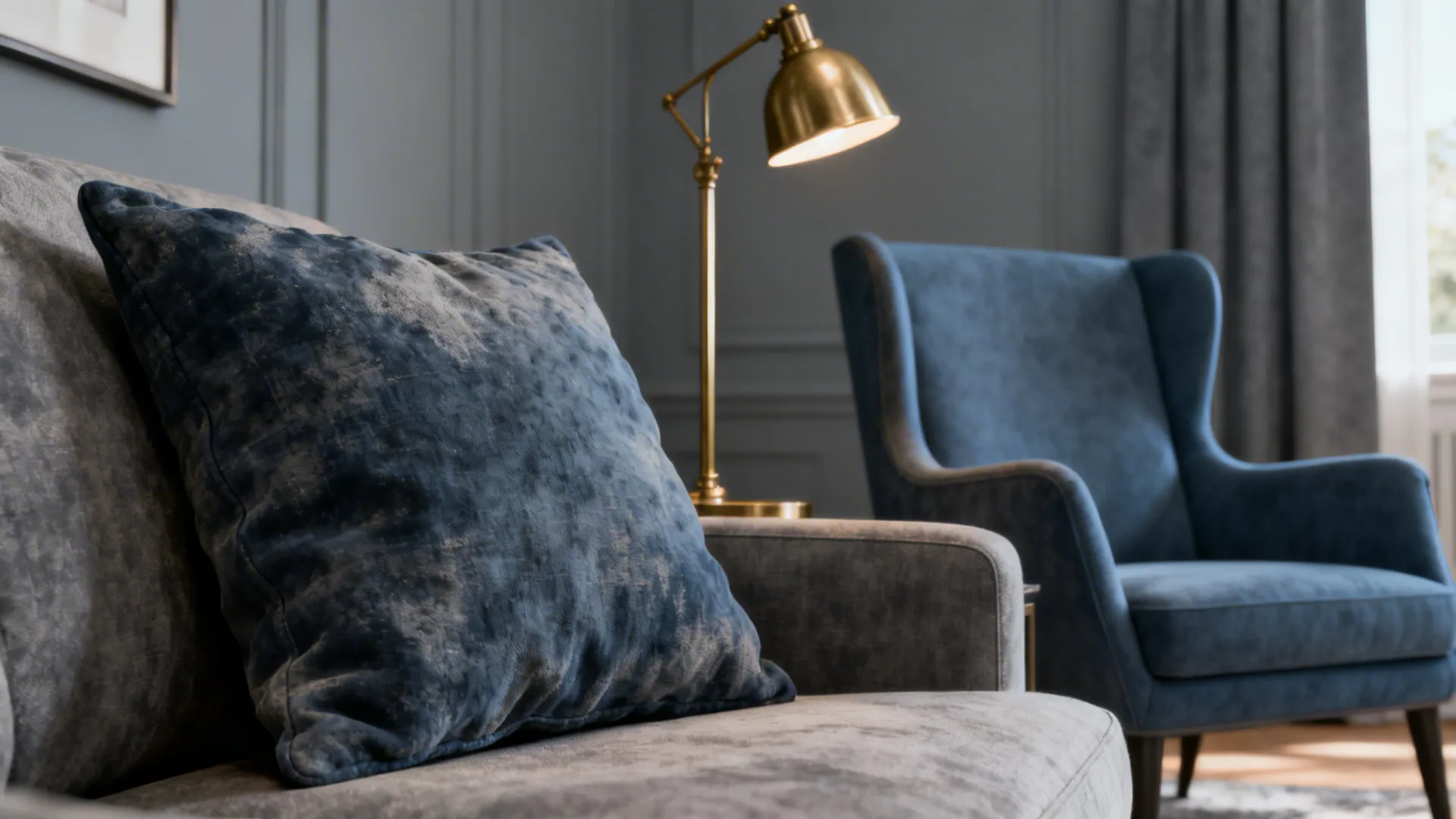 Muted blue throw pillow and slate blue accent chair with a brass lamp against Agreeable Gray.