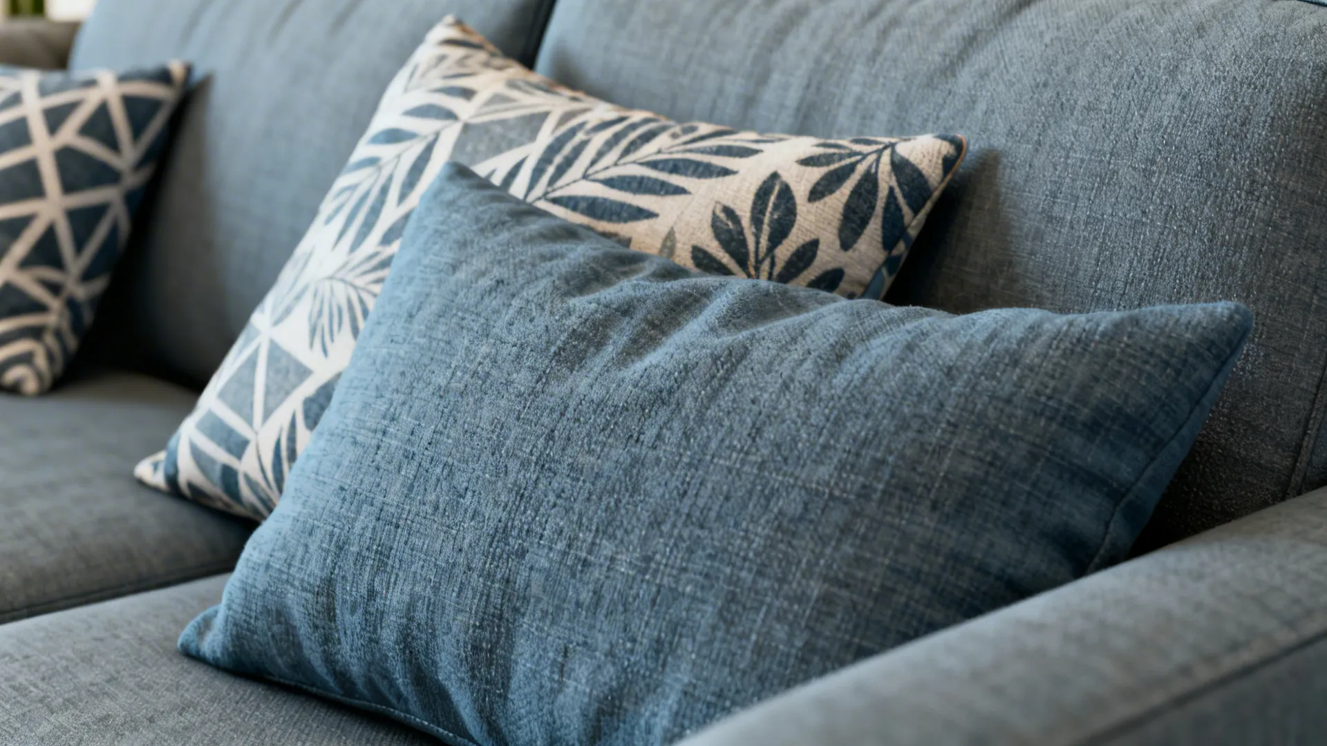 Close-up of muted blue-gray sofa with patterned cushions and textured fabrics