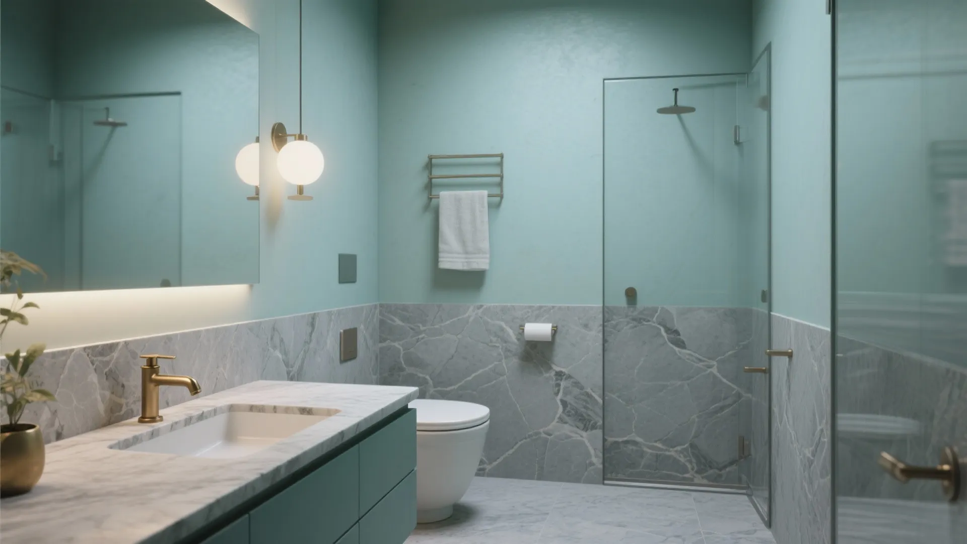 Muted blue-green bathroom with stone countertop
