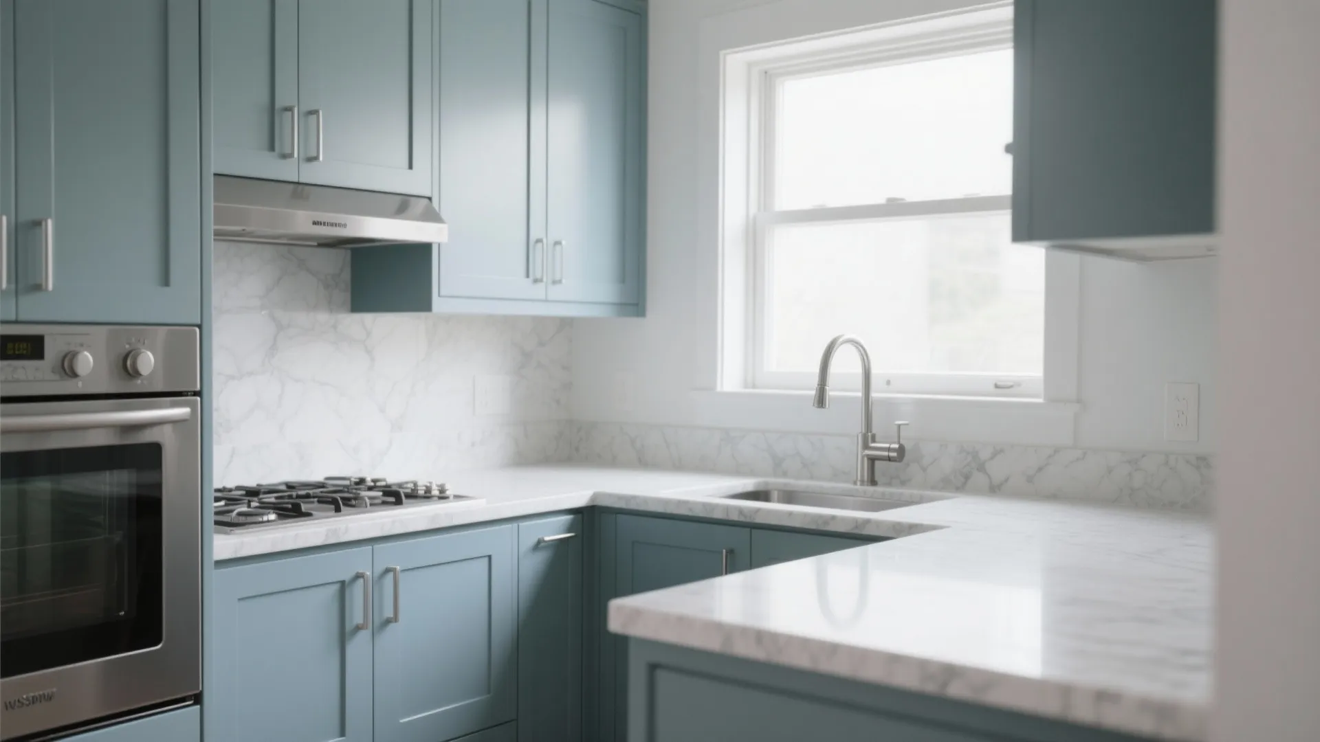 Modern kitchen with muted blue cabinets white marble countertop stainless steel oven and natural window light