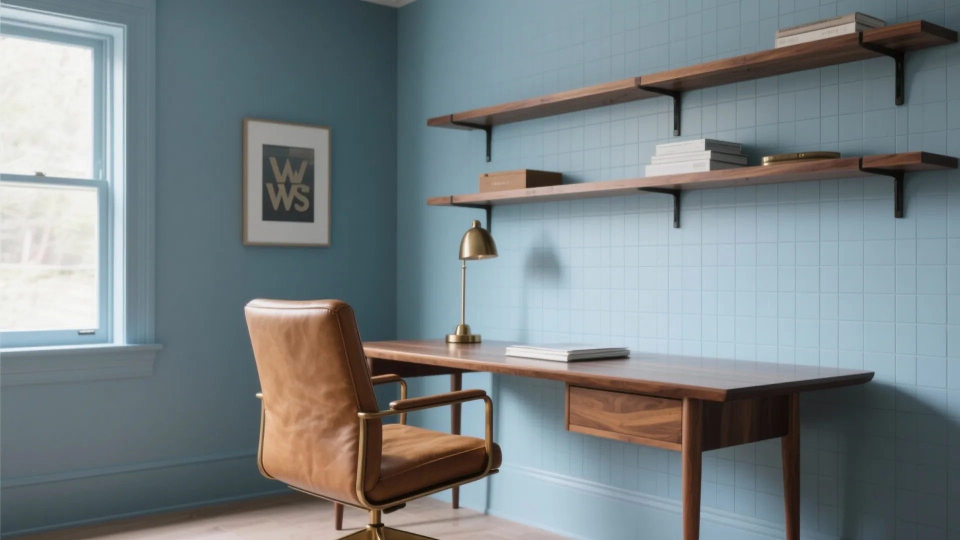 Modern home office with blue walls wooden desk brown leather chair and floating wall shelves