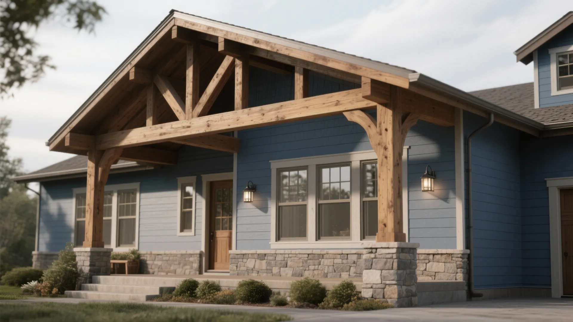 3. Muted Blue Body + Natural Wood Accents