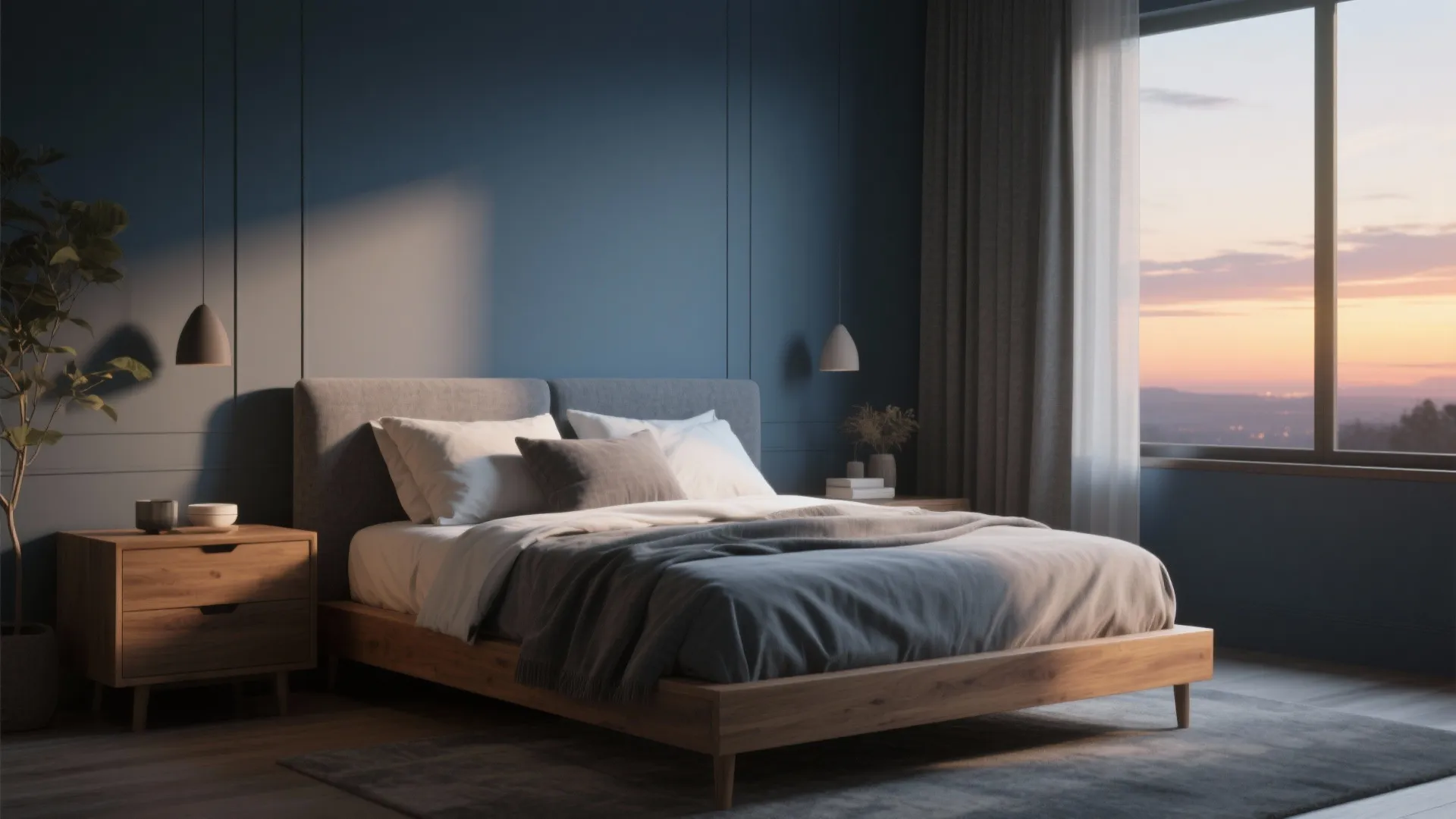 West-facing bedroom with muted storm-blue walls, warm wood furniture, and sunset glow for contrast.