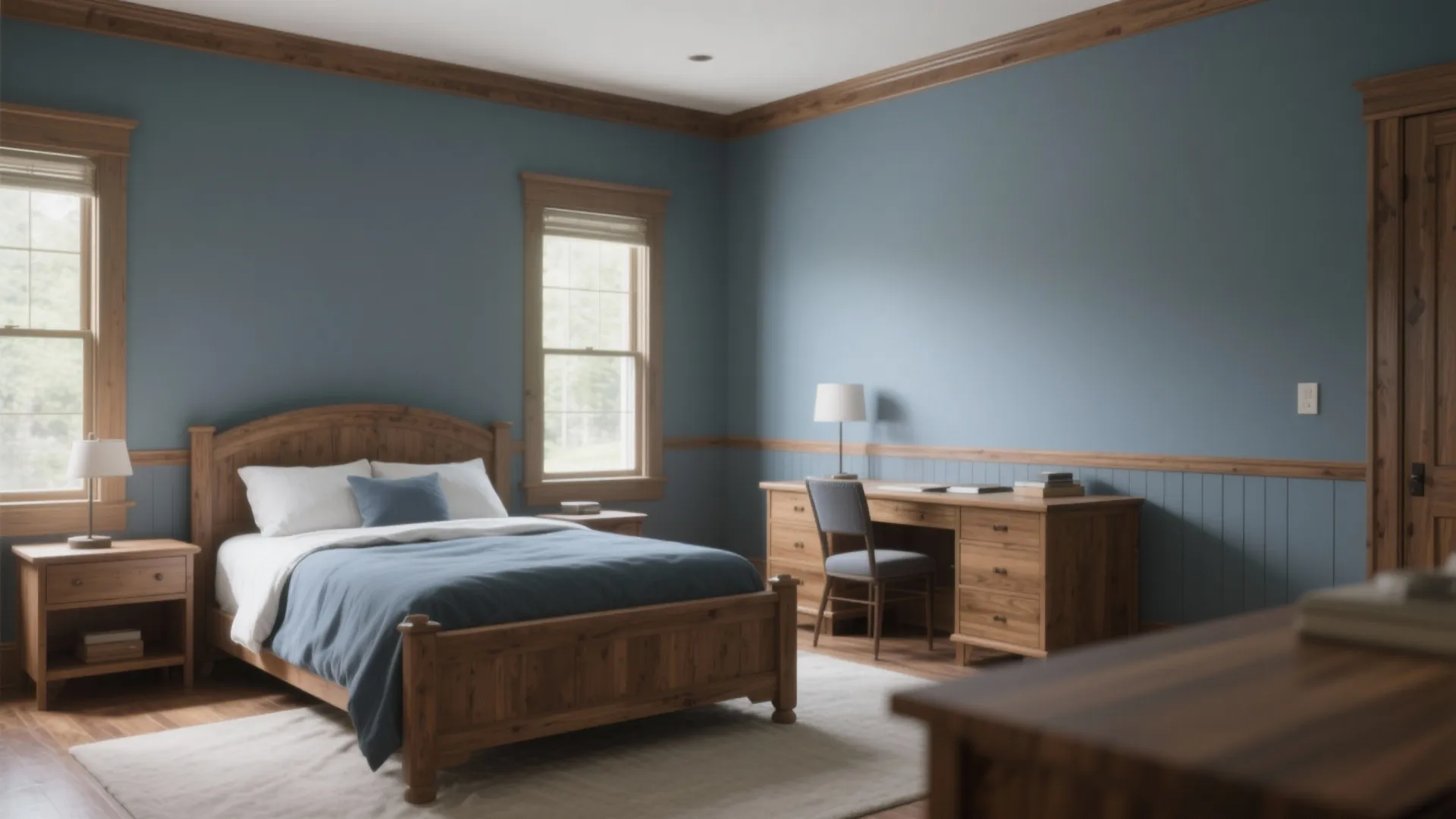 5. Muted Blues with Natural Wood