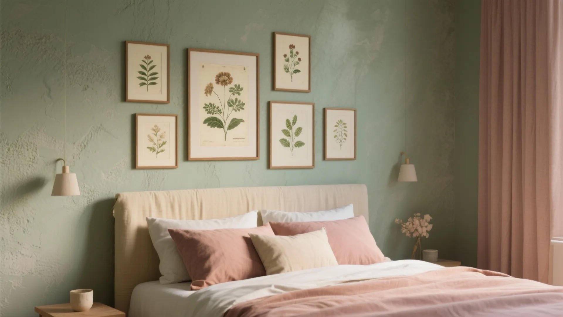 Bedroom with a sage accent wall and framed vintage botanical prints coordinating with muted textiles.
