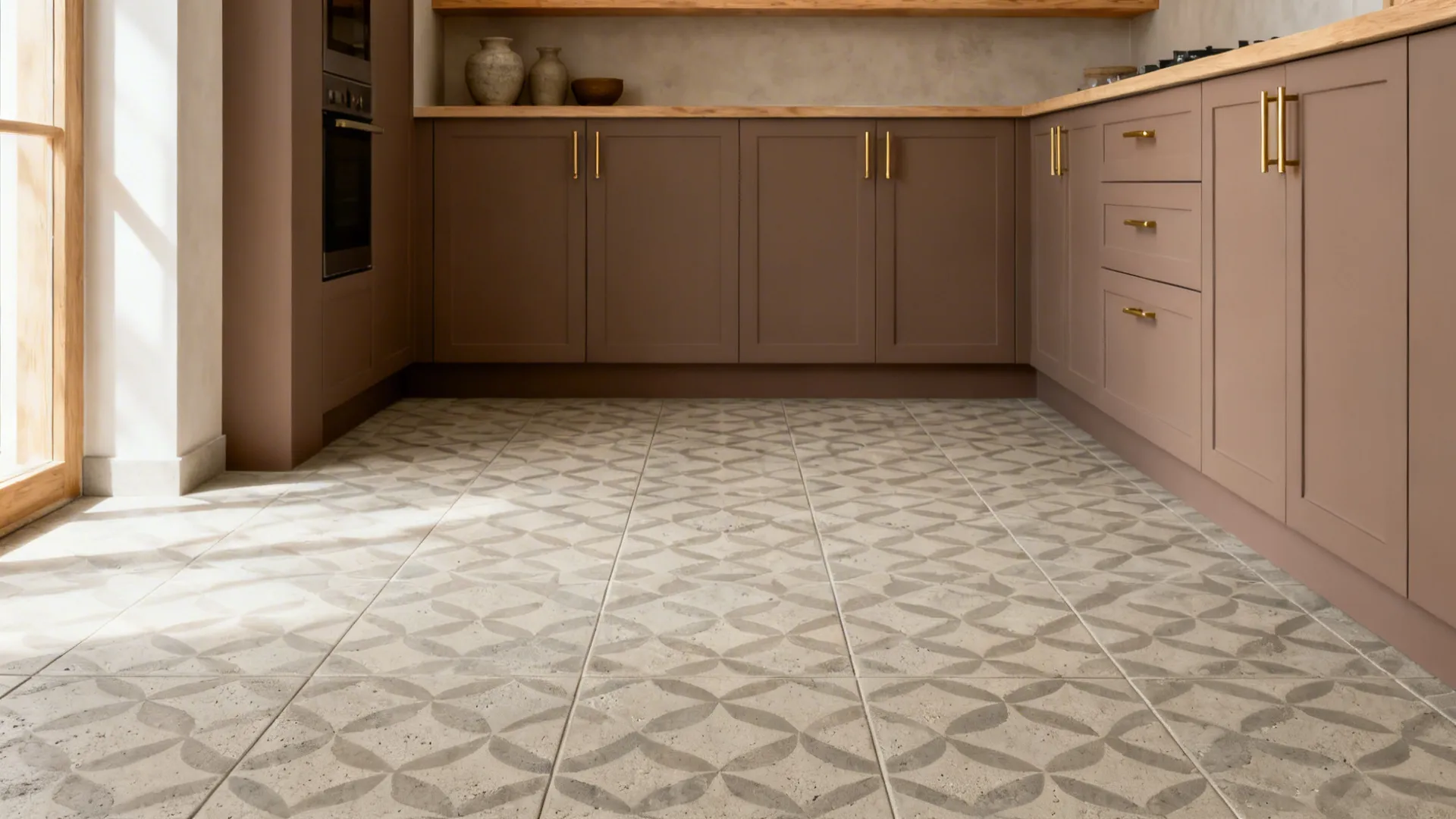 Small kitchen with muted geometric cement-look porcelain tiles and tone-on-tone grout.