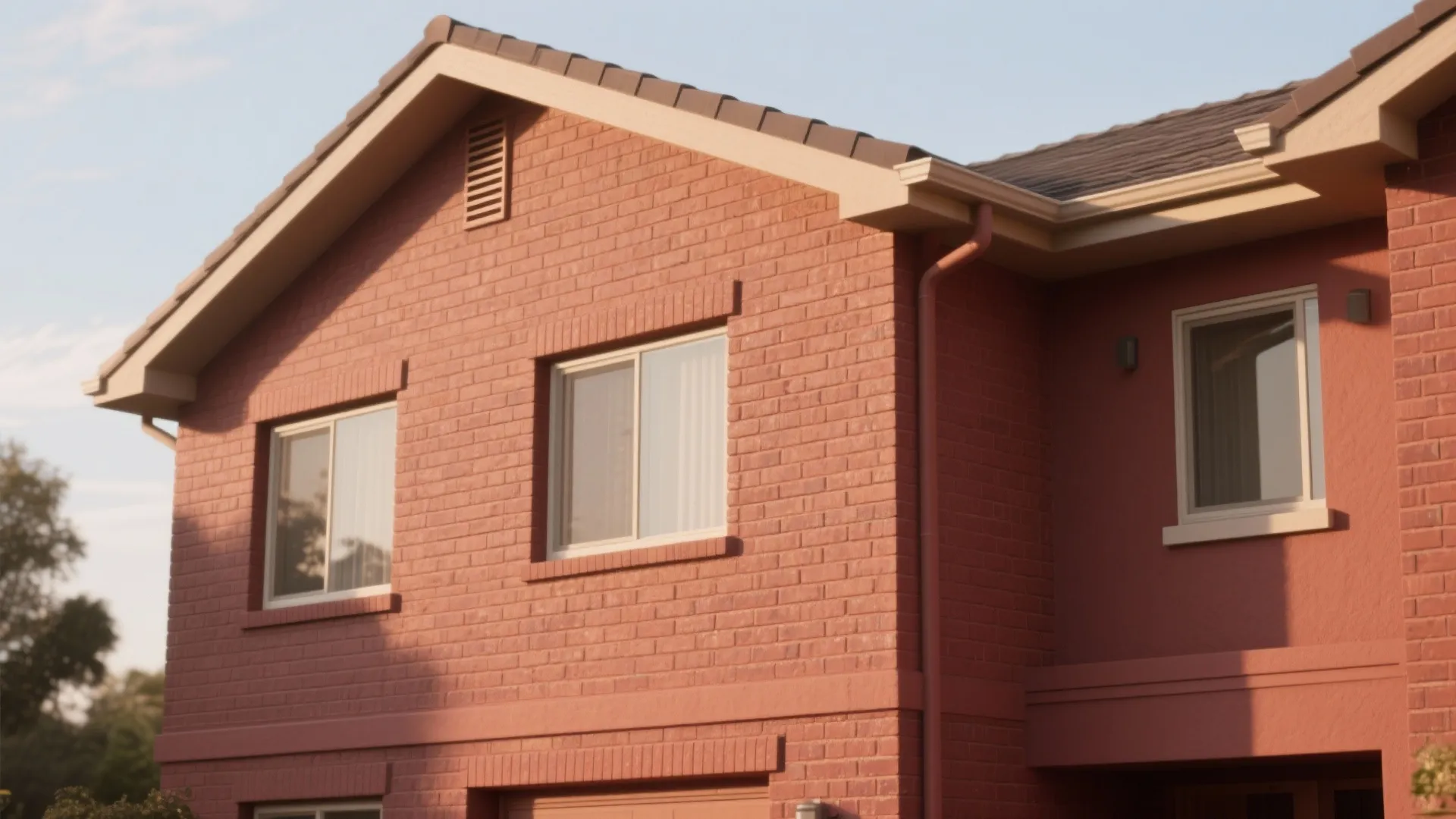 Two story red brick house with white windows and brown roof under clear bright daylight