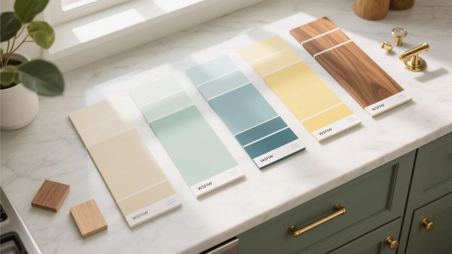 Kitchen swatches in sage, dusty blue, cream, yellow, walnut