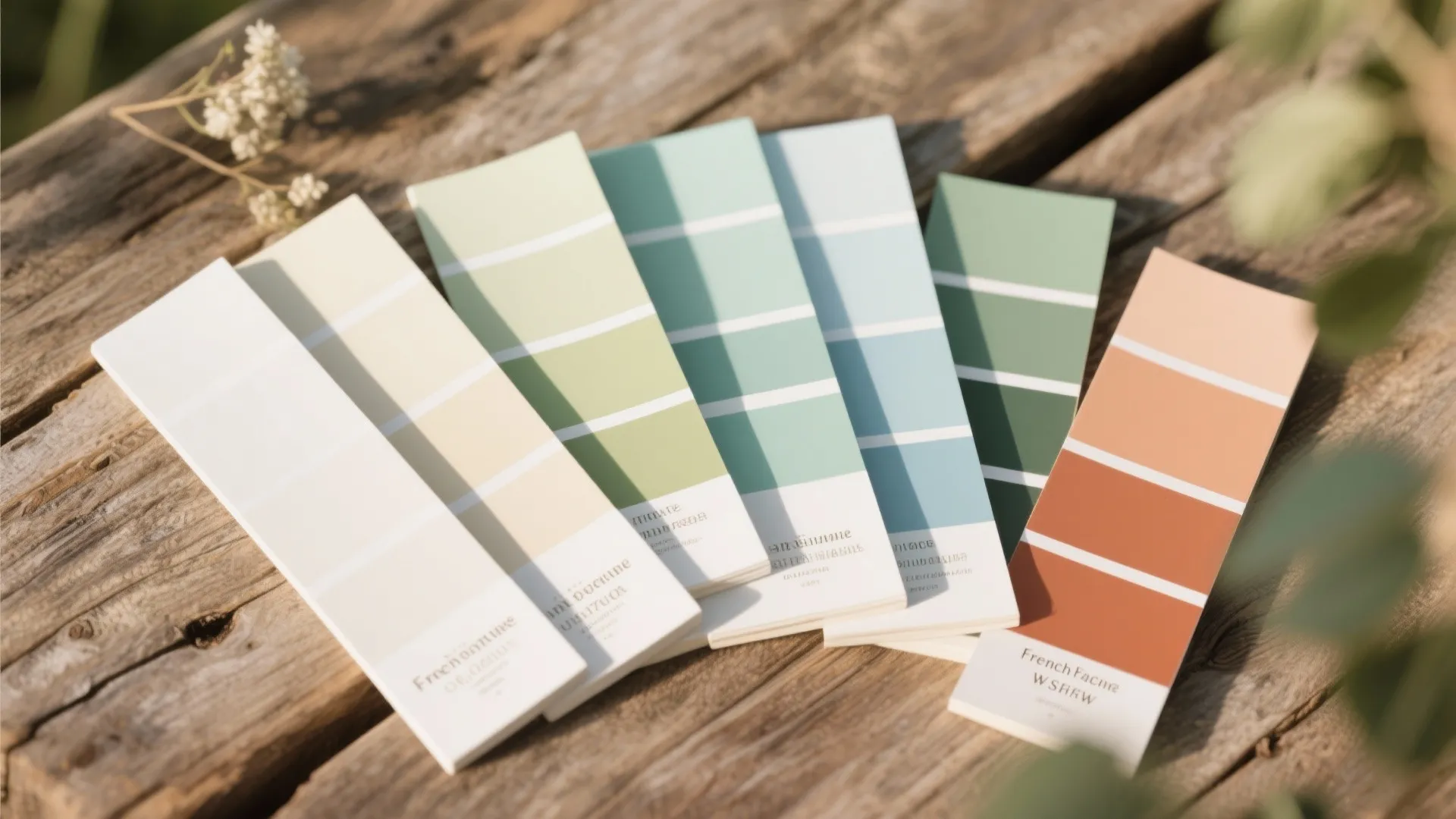 A row of various color palette cards in soft greens and oranges on rustic wooden surface