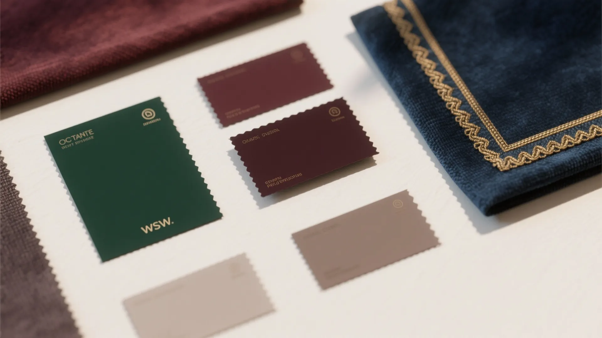 Flat lay of rich muted color swatches with fabric samples and gold trim