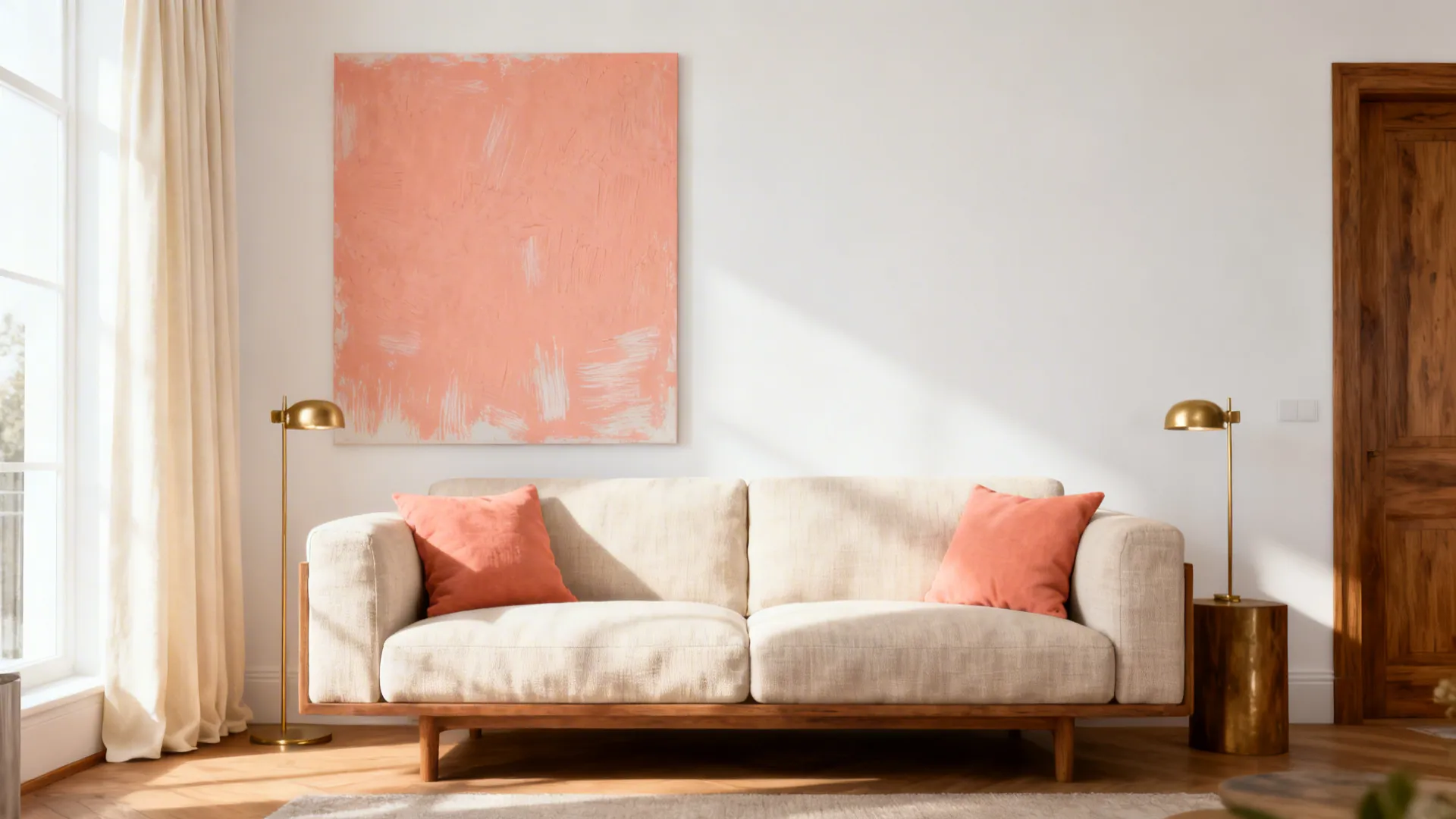 Living room with warm white walls and a muted coral limewash accent panel near seating.